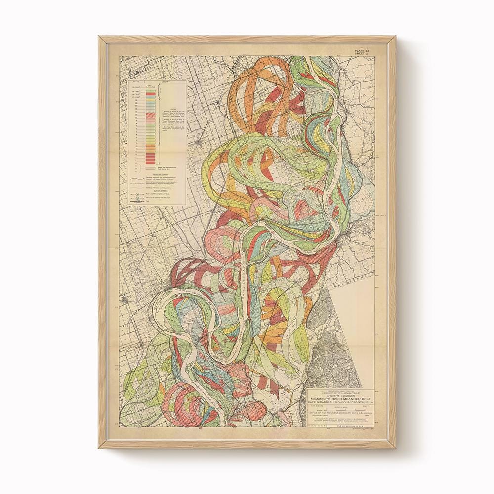 Harold Fisk Mississippi River Map Print, Commerce, MO to New Madrid, MO, Plate 22, Sheet 2