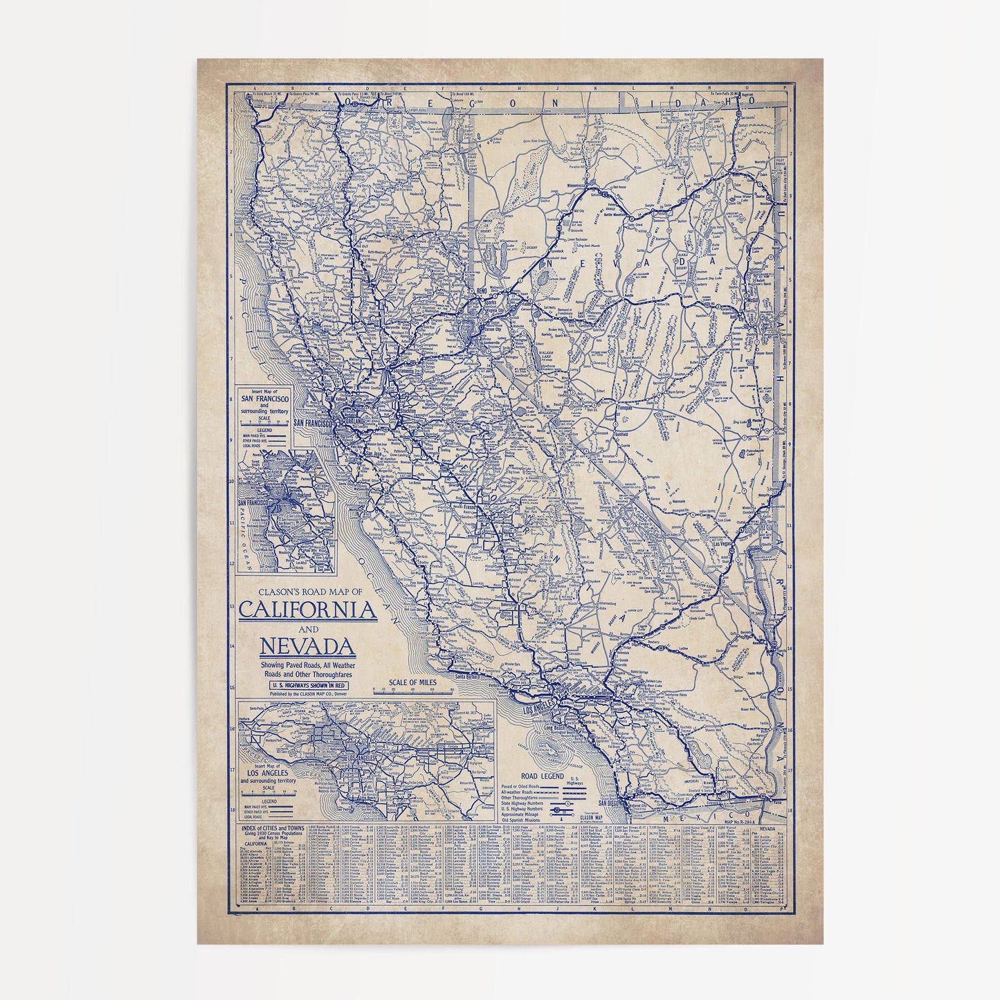 The image is a vintage map of California and Nevada, showing the extensive road networks and geographical layout of the region.