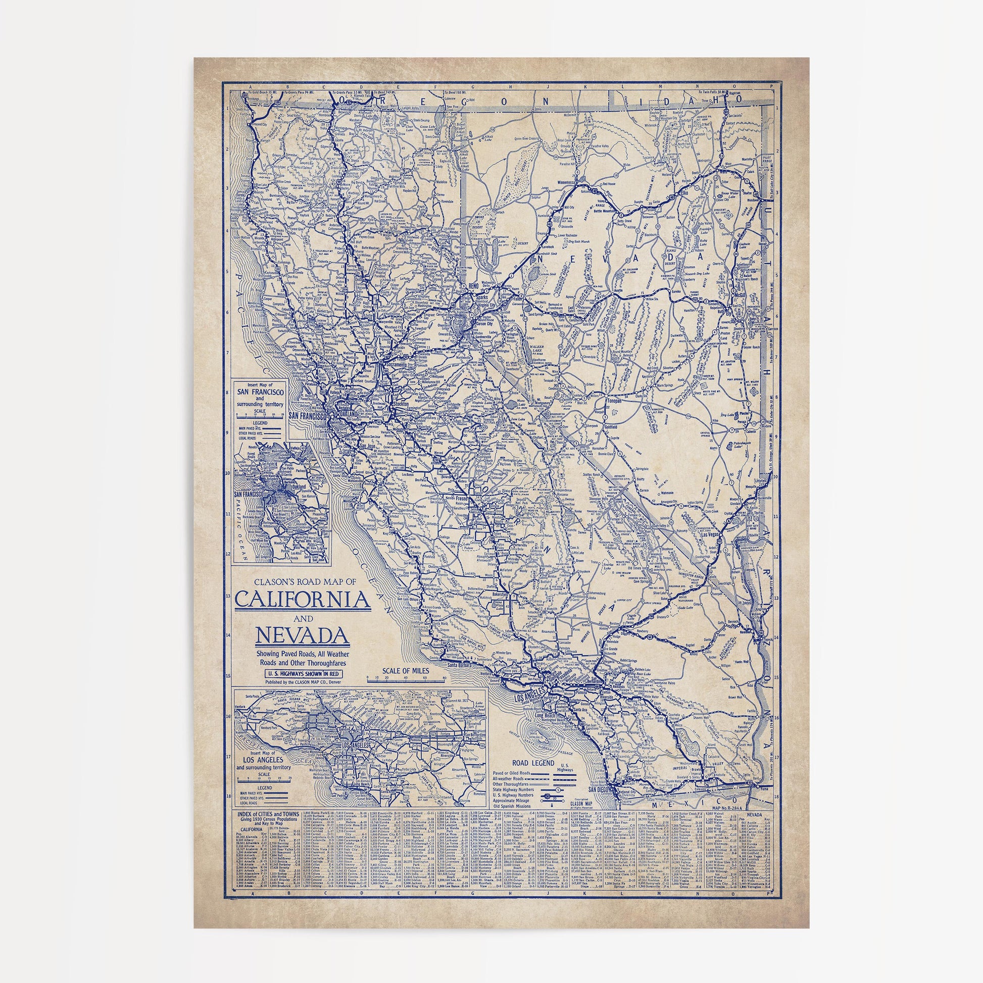 The image is a vintage map of California and Nevada, showing the extensive road networks and geographical layout of the region.