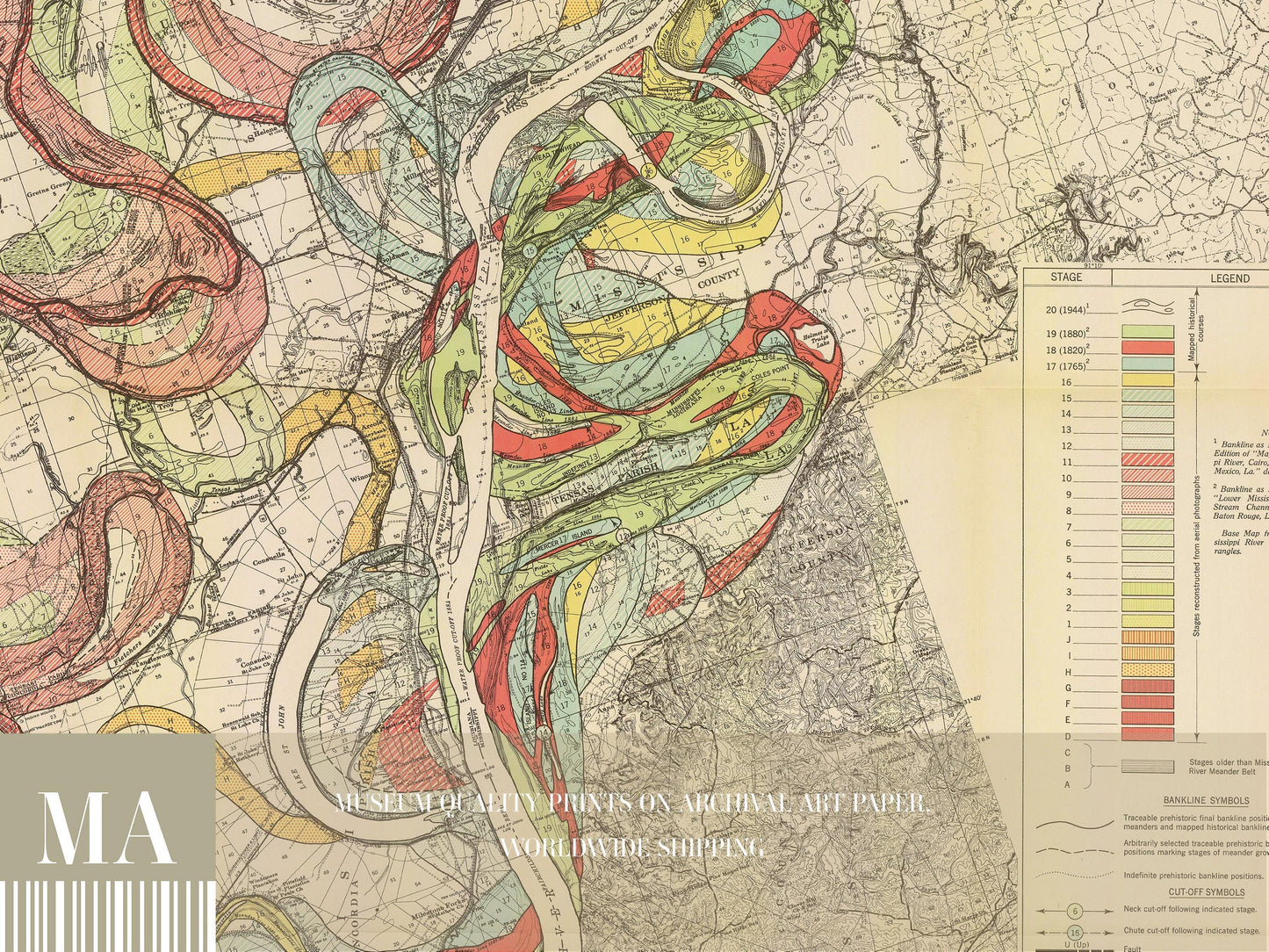 Harold Fisk Mississippi River Map Print, Old River to Morganza, Plate 22, Sheet 12