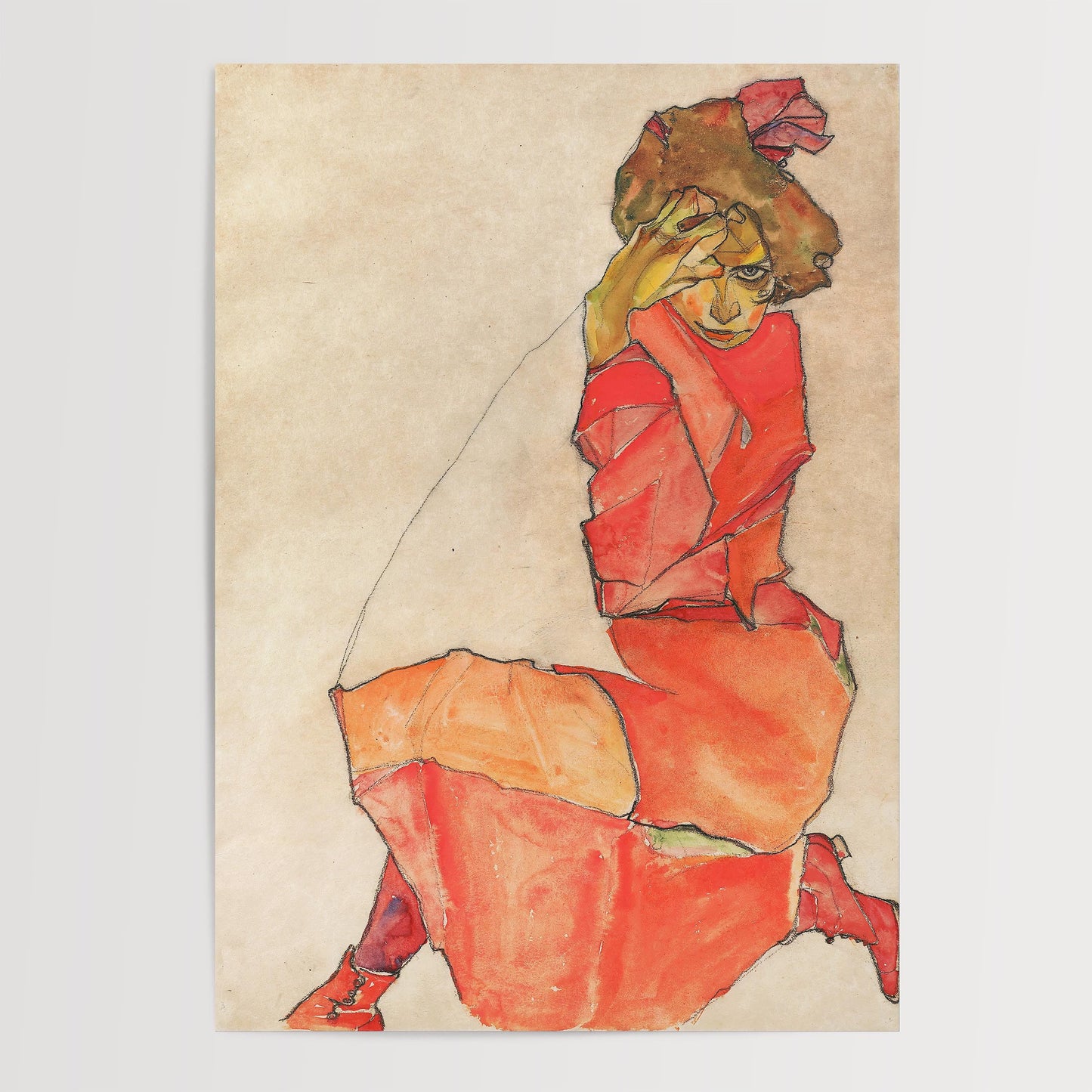 Egon Schiele - Kneeling Female in Orange-Red Dress Print