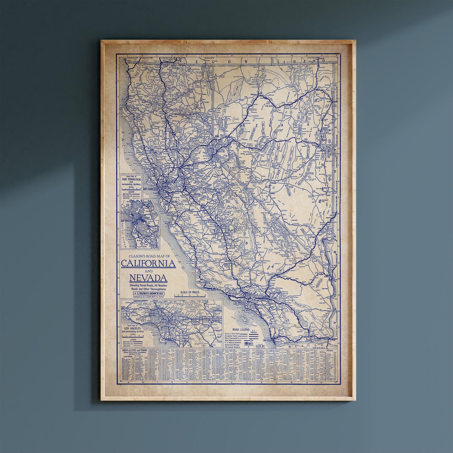 The image is a framed vintage map of California and Nevada, depicting the extensive road networks and geographical layout of the two states.