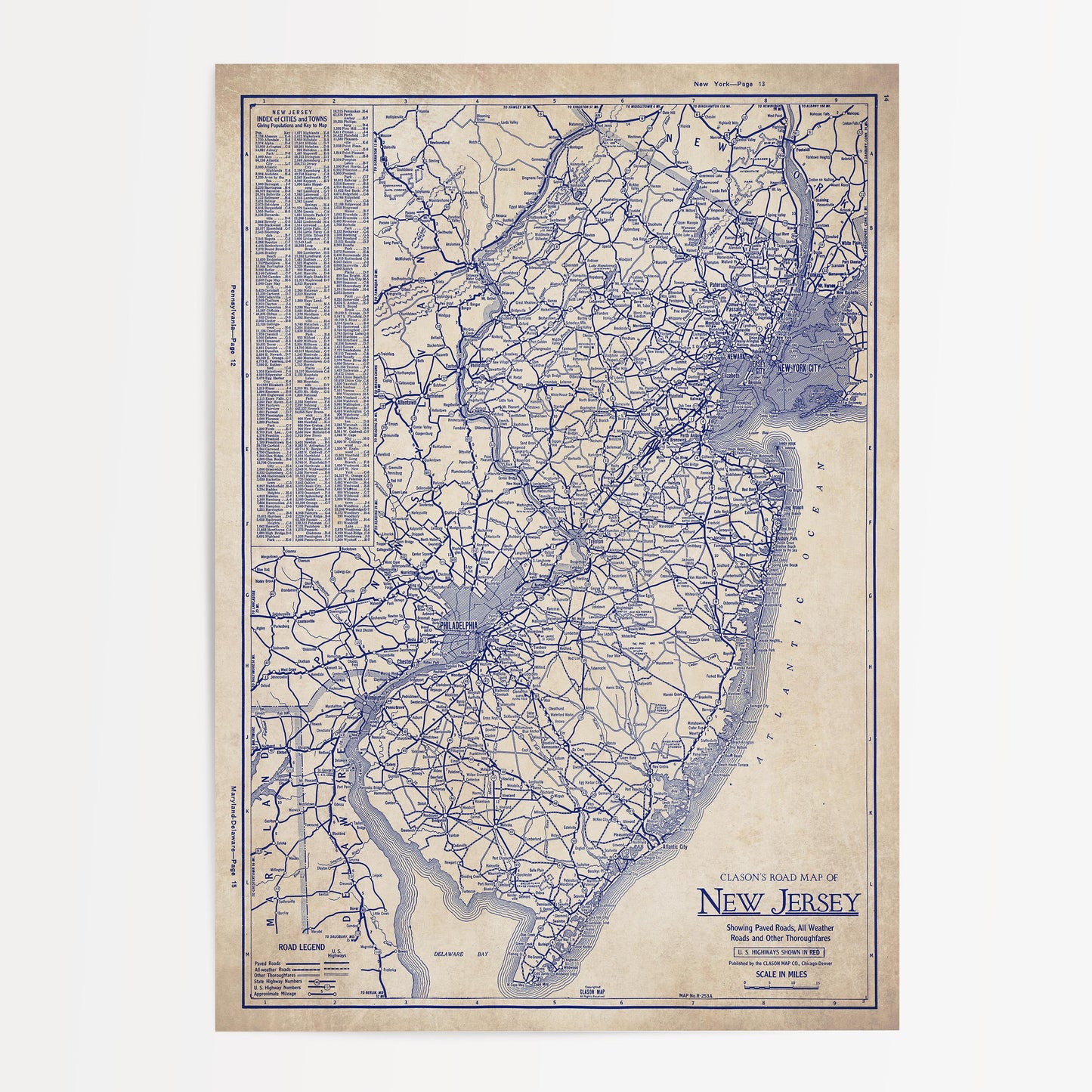 The image is a vintage road map of New Jersey, showing the state's roads and highways in a detailed and intricate manner.