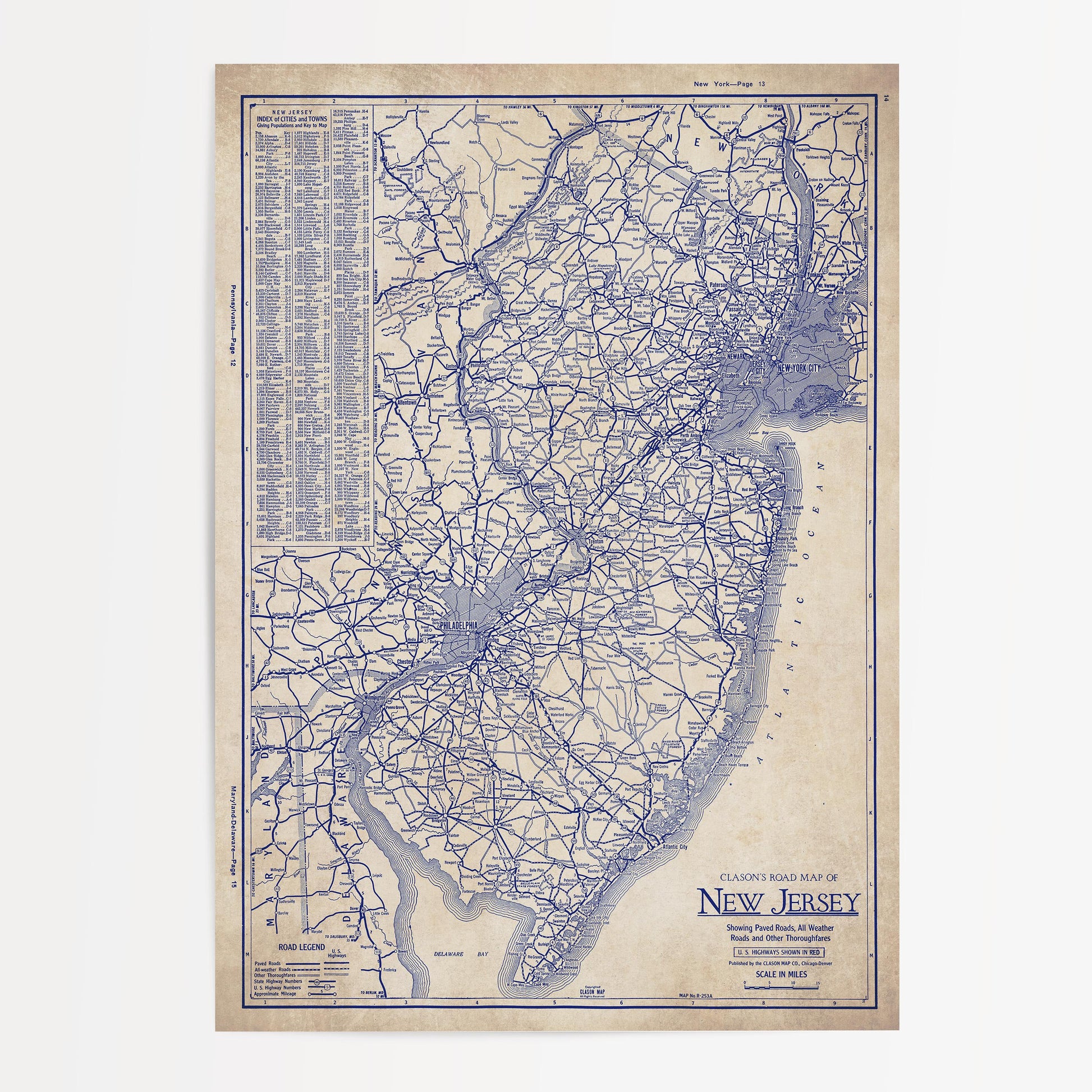 The image is a vintage road map of New Jersey, showing the state's roads and highways in a detailed and intricate manner.