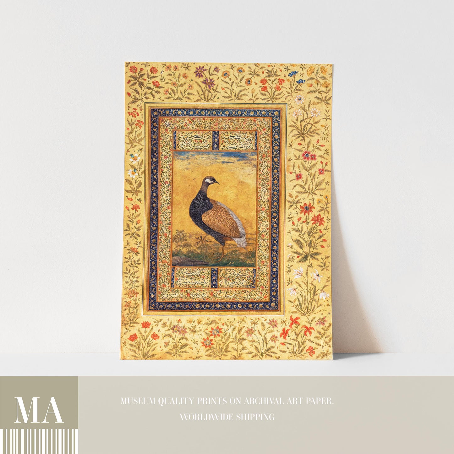 The image is a framed print featuring a detailed illustration of a bird, likely a quail, set against a floral background. The print is framed with a decorative border and appears to be a museum-quality print on an archival art paper.