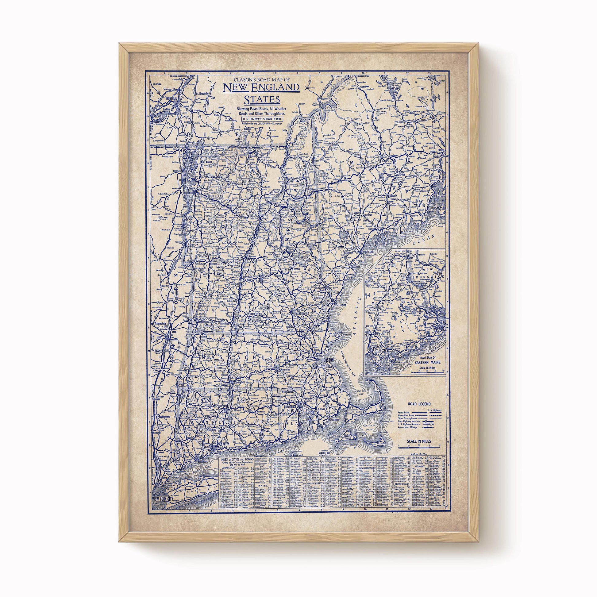 The image is a framed vintage map of New England, including Connecticut, Rhode Island, Massachusetts, and New York.