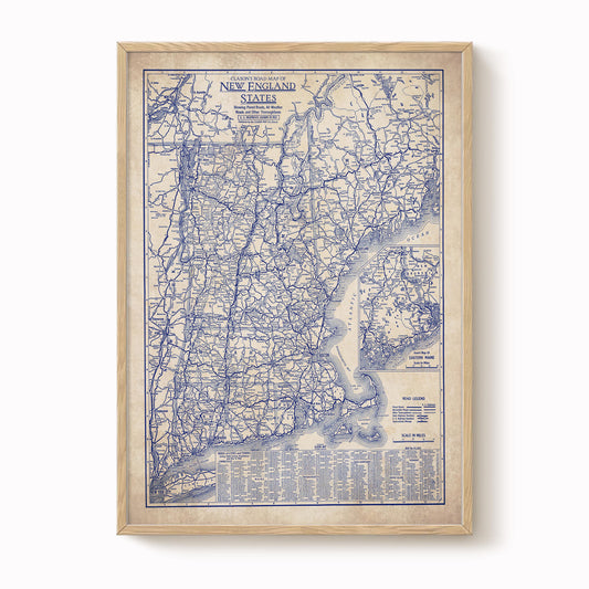 The image is a framed vintage map of New England, including Connecticut, Rhode Island, Massachusetts, and New York.