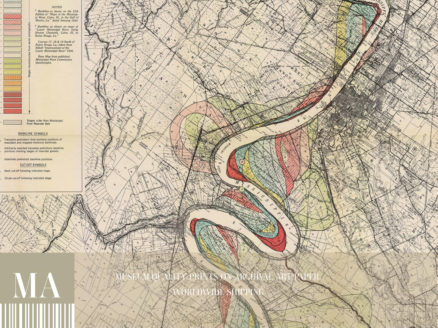 Harold Fisk Mississippi River Map Print, Baton Rouge to New Orleans, Plate 22, Sheet 15