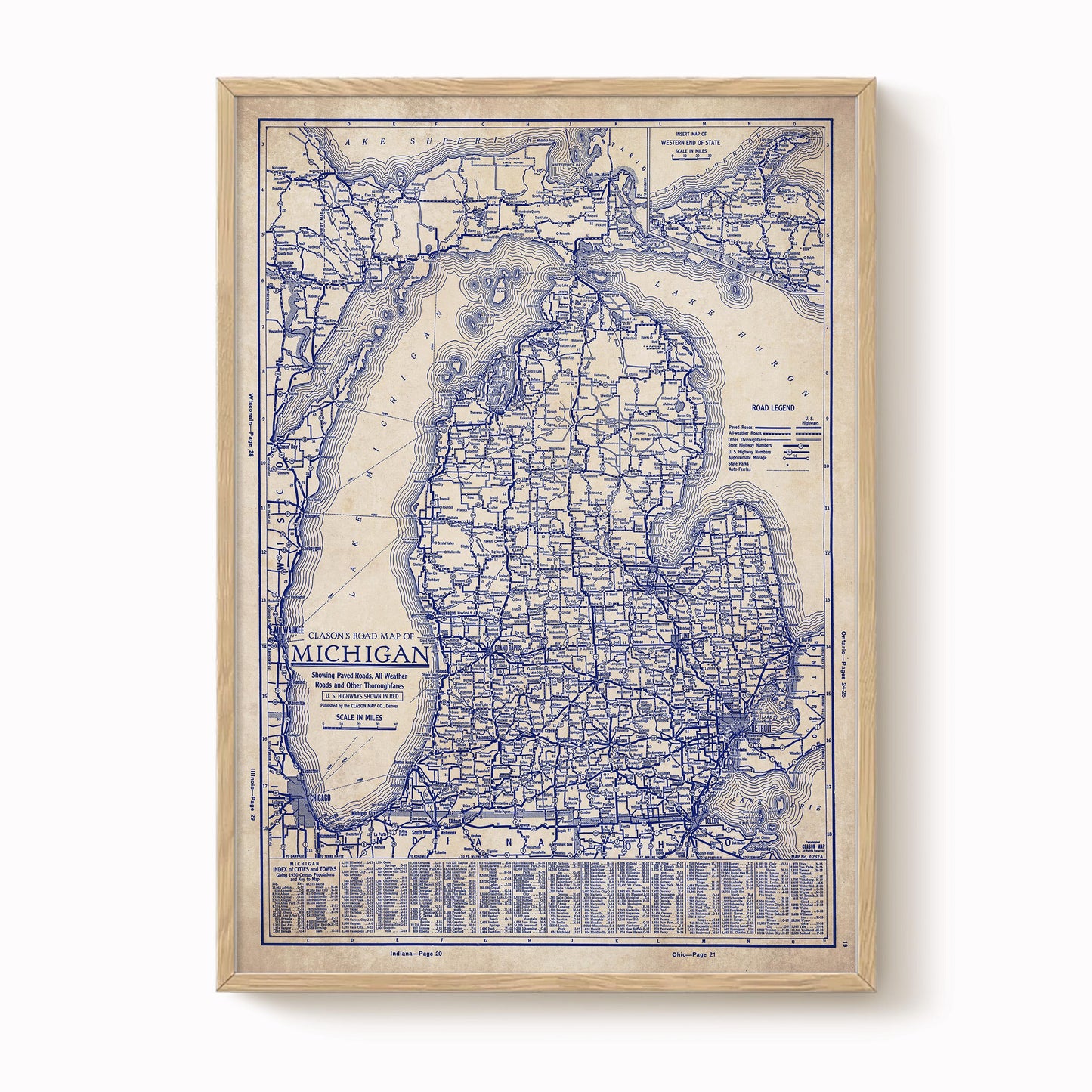 The image is a framed vintage map of Michigan, showing the state's roads and highways in a detailed and detailed manner.