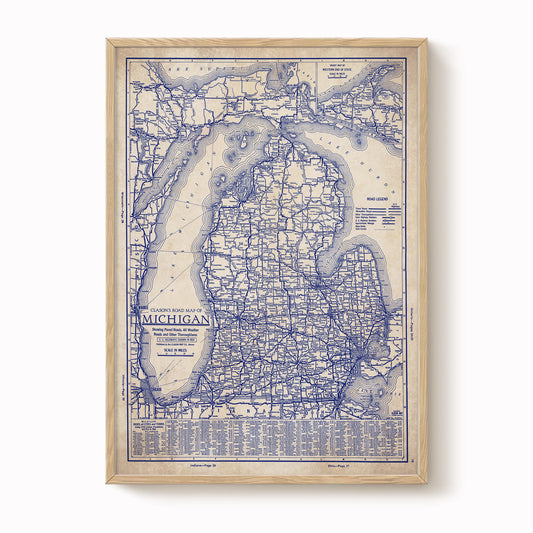The image is a framed vintage map of Michigan, showing the state's roads and highways in a detailed and detailed manner.