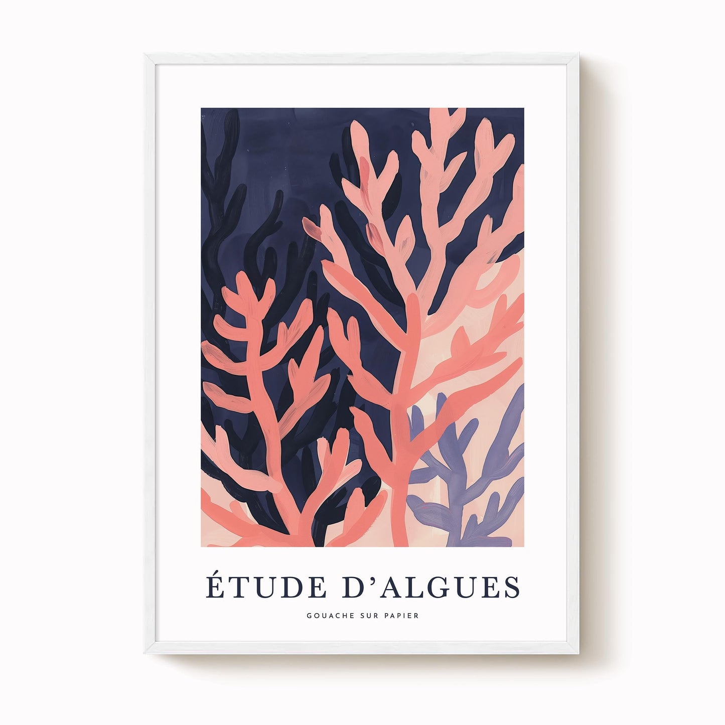 The image is a framed poster featuring a vibrant abstract design of pink and blue coral branches against a dark background.
