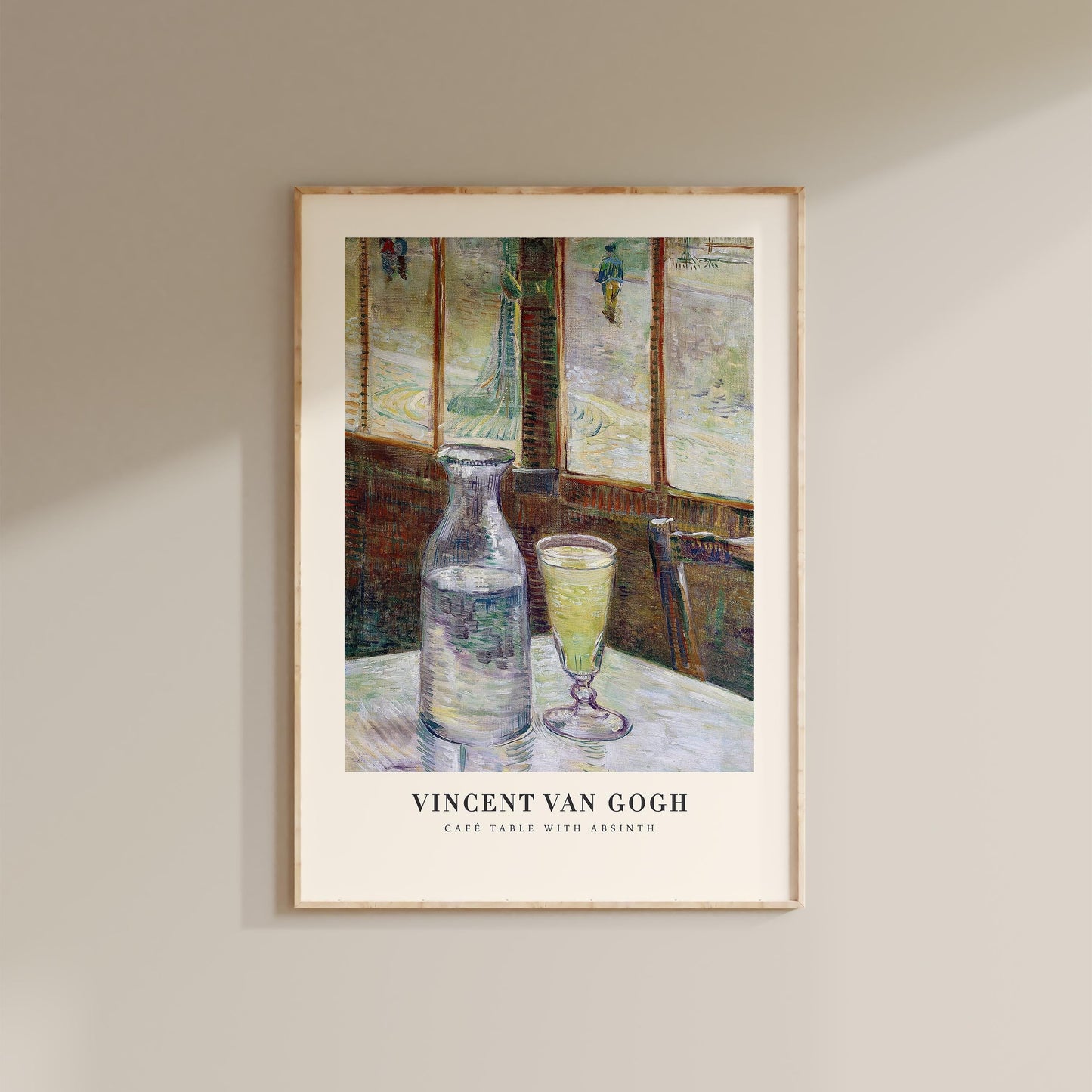 The image is a framed painting depicting a table with a bottle and a glass, set against a window view.