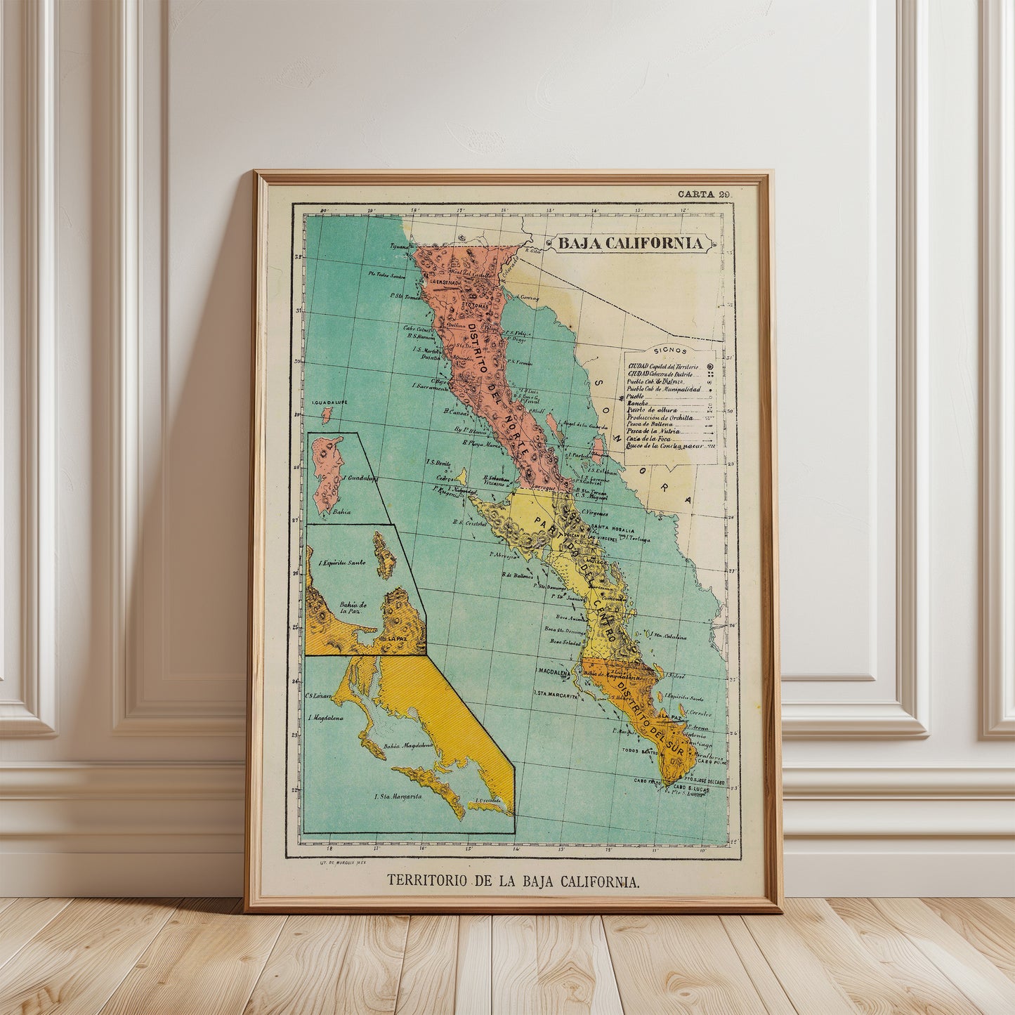 A framed vintage map of the Baja California region, depicting the territorial boundaries and geographical features of the area.