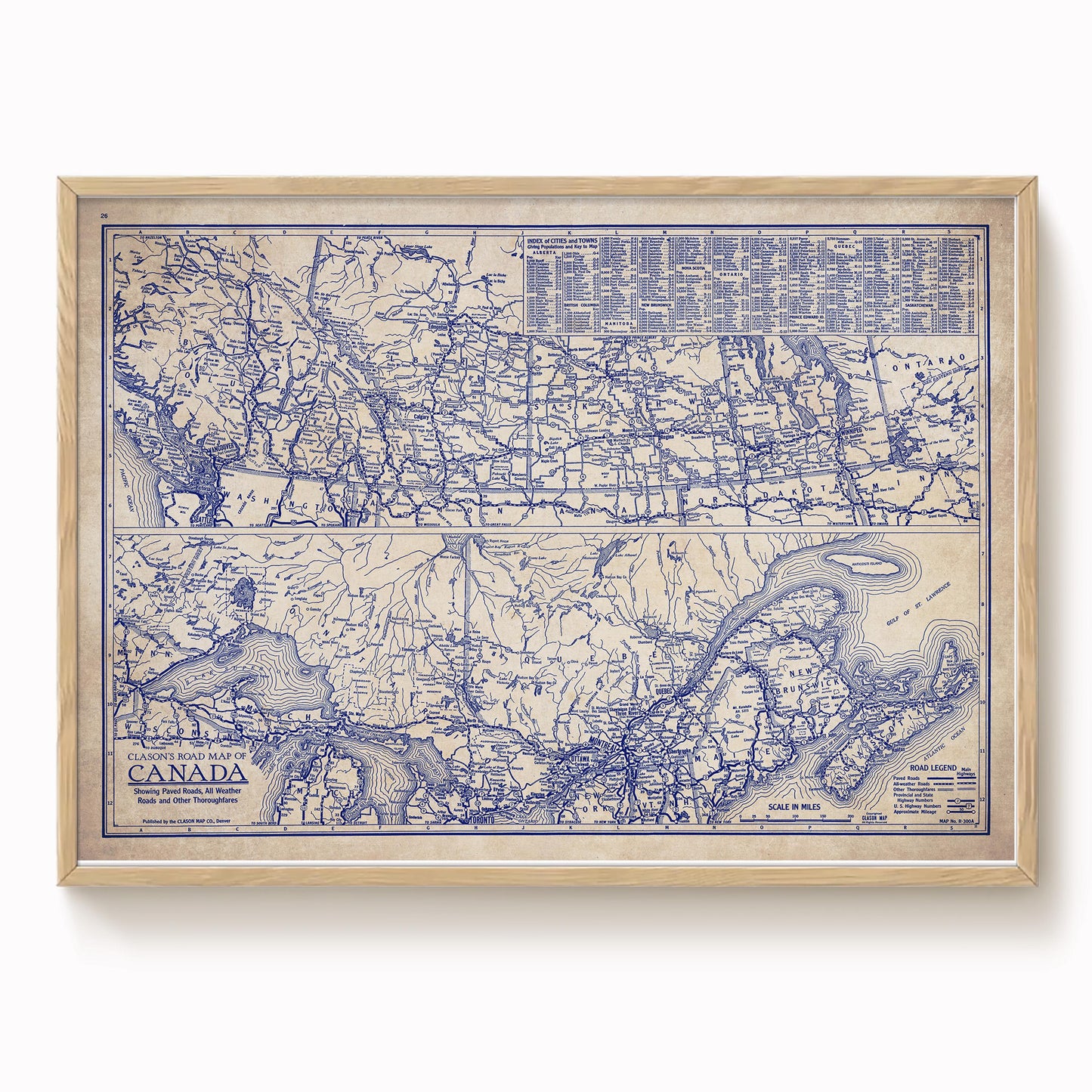 The image is a framed vintage map of Canada, depicting the country's geographical layout and major cities.