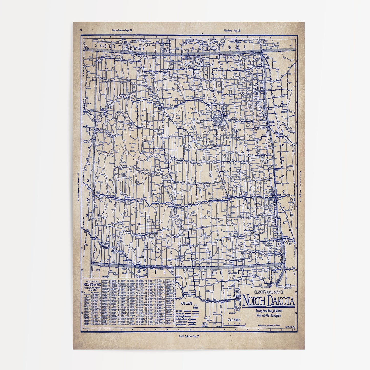 The image is a vintage map of North Dakota, showing the state's roads and highways in a detailed and intricate manner.