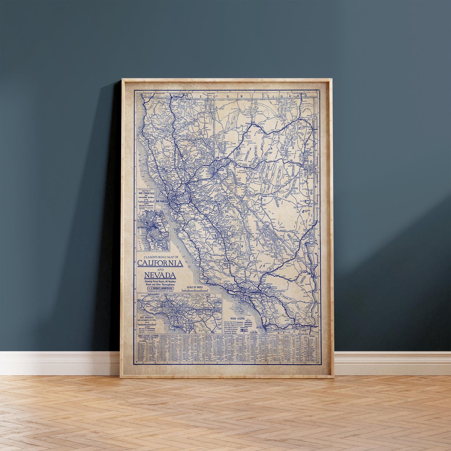 a framed vintage map of California and Nevada, with detailed road networks and labels.