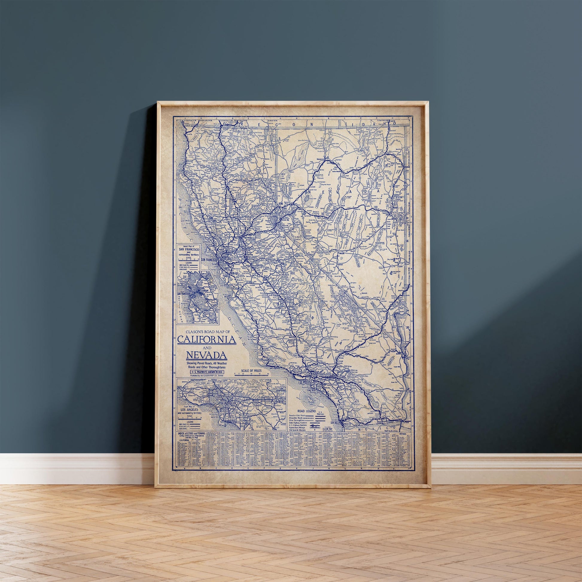 a framed vintage map of California and Nevada, with detailed road networks and labels.