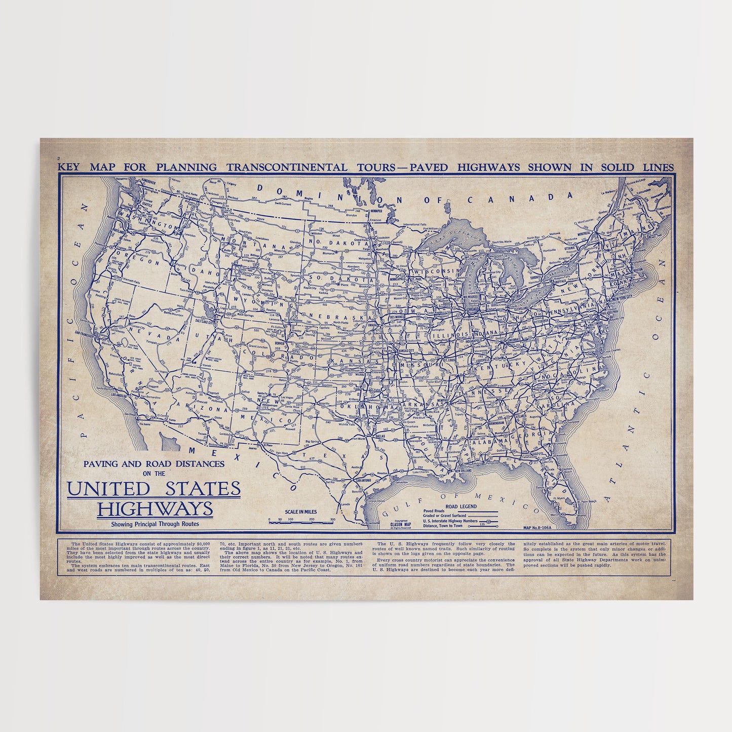 The image is a vintage map of the United States, showing the country's highways and roads.