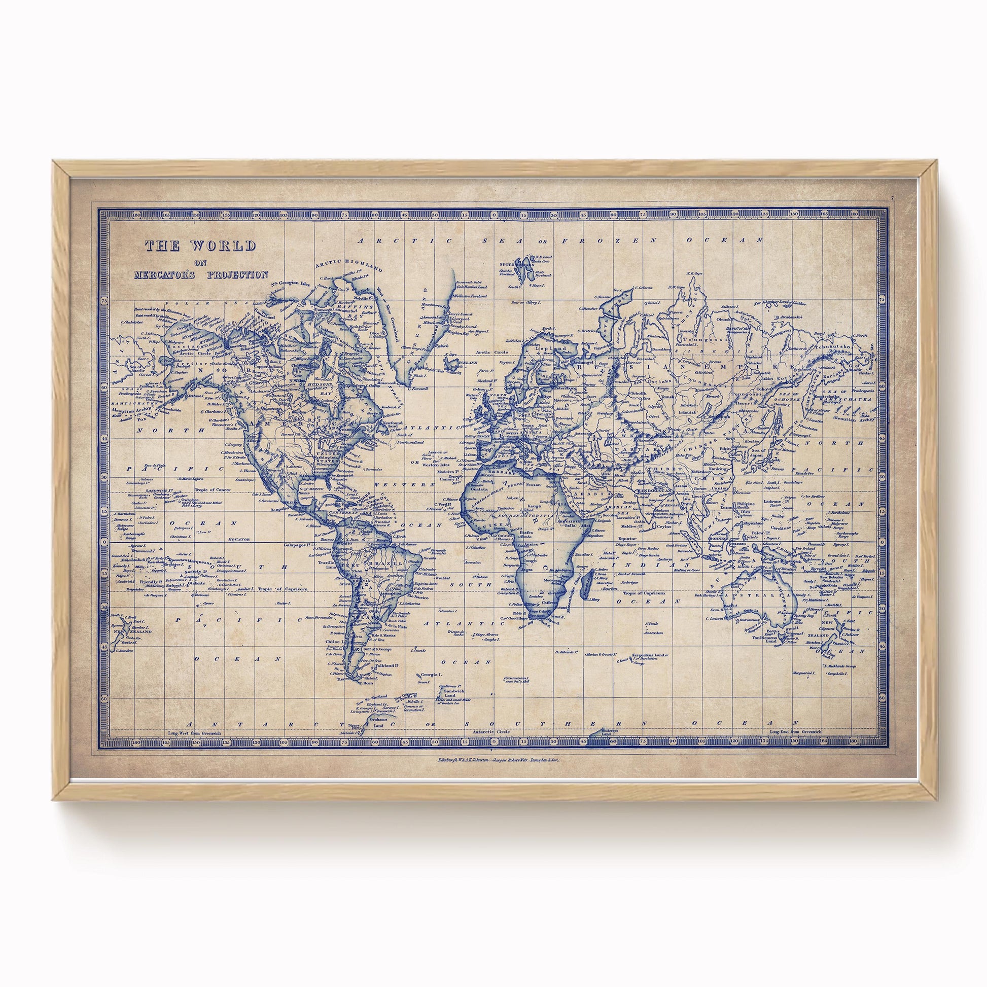 The image is a vintage world map with a wooden frame, depicting the continents and oceans in a detailed and intricate manner.