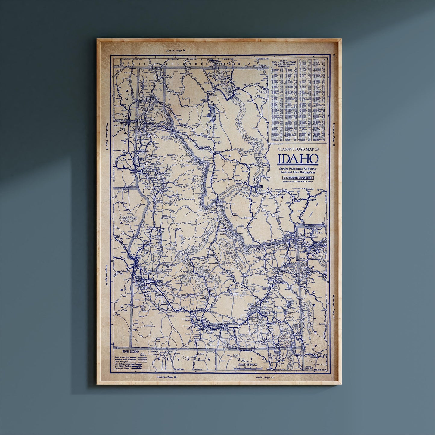 The image is a framed vintage map of Idaho, showing the state's geographical layout and major roads.