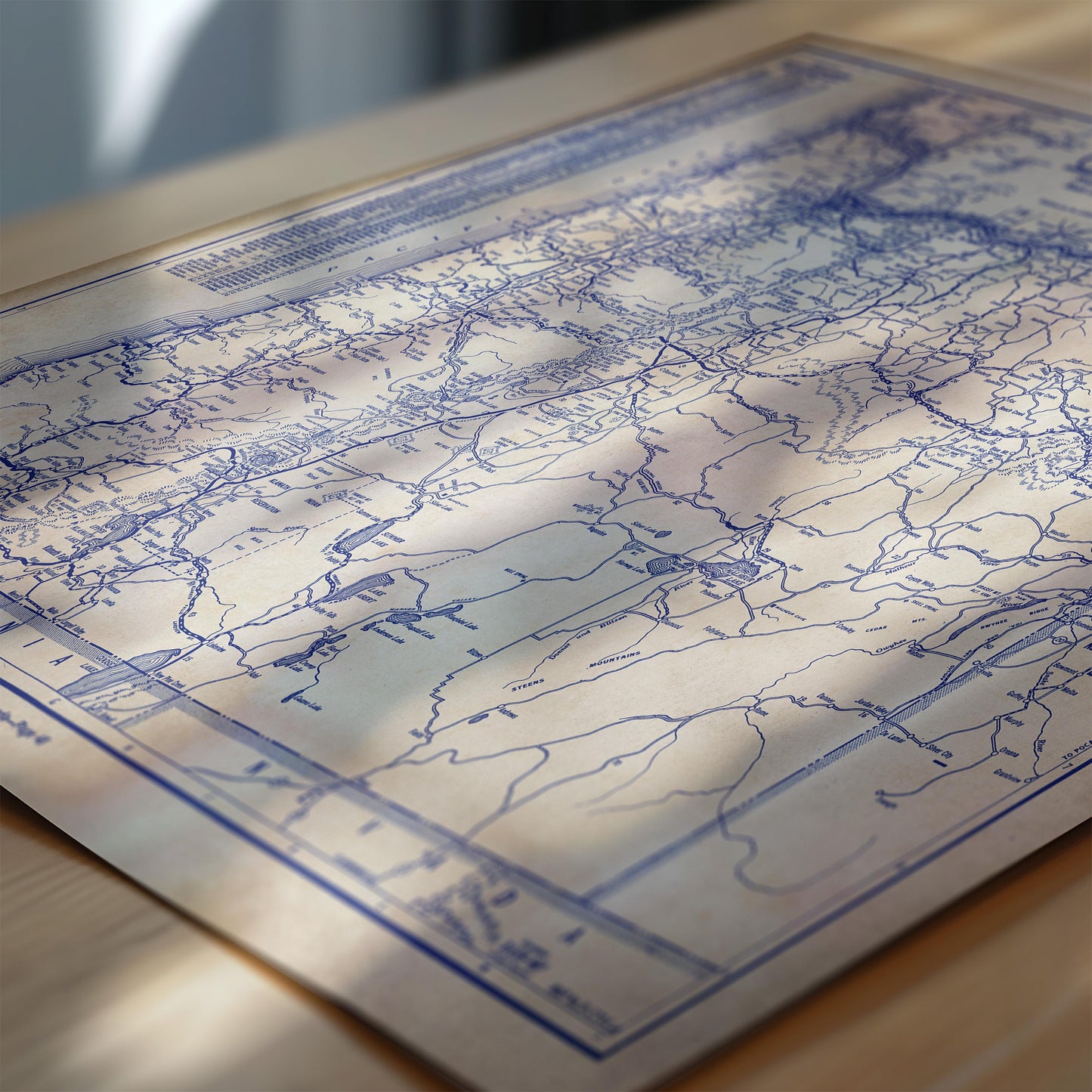 The image is a close-up of a map with intricate blue lines and markings, resting on a wooden surface.