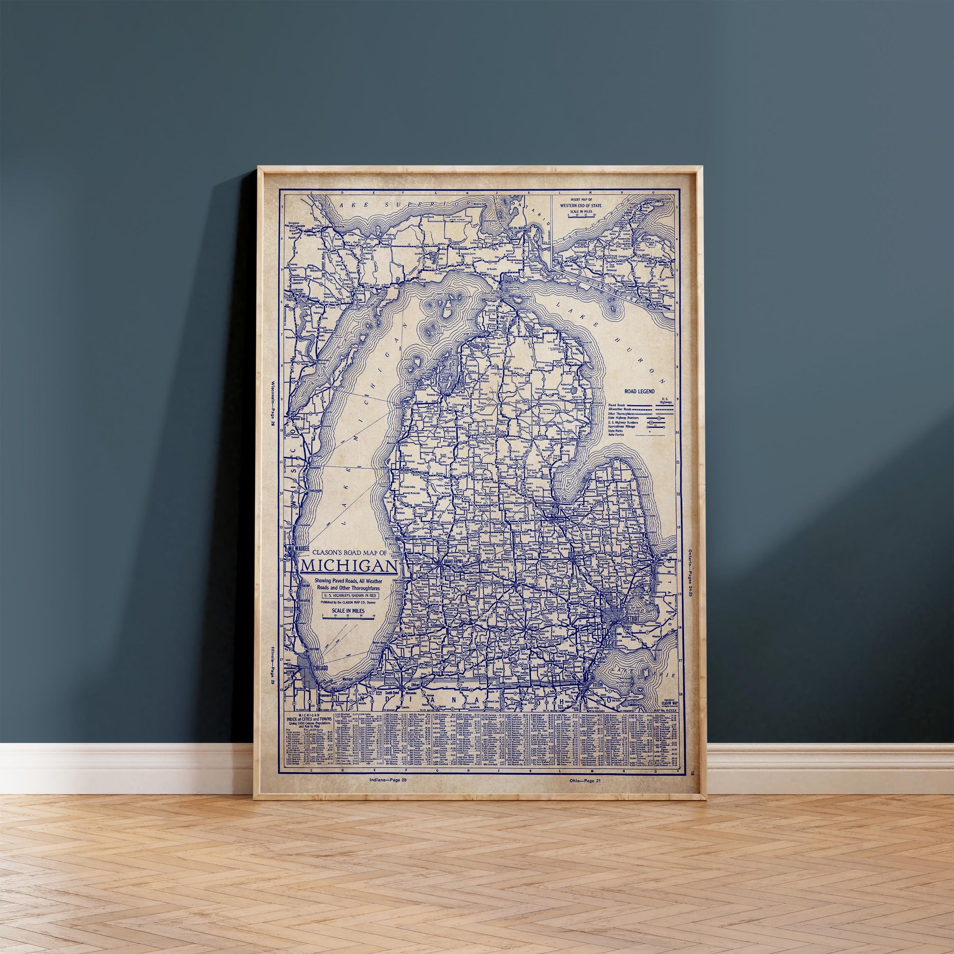 The image is a framed vintage map of Michigan, showing the state's roads and highways.