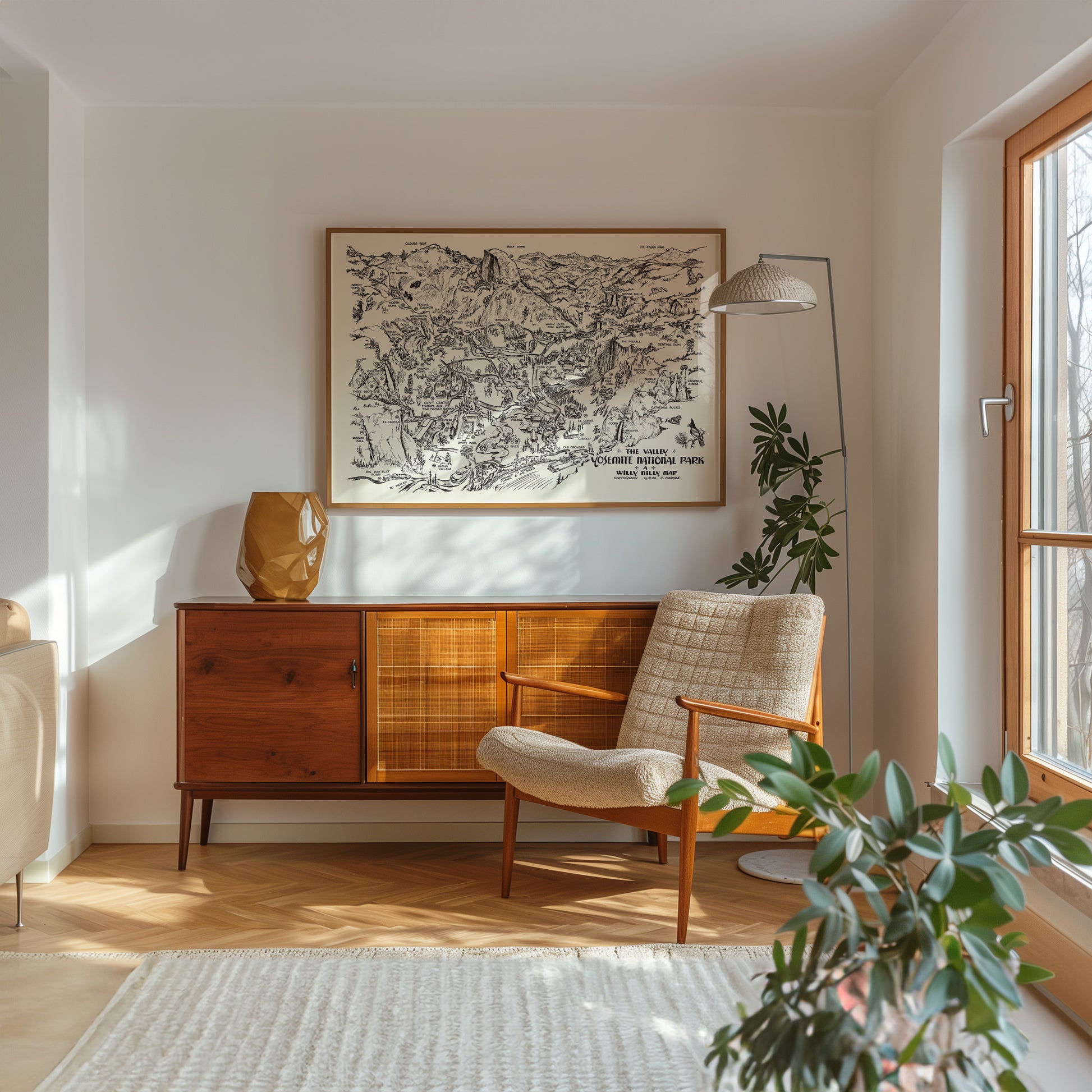 a cozy living room with a large wooden cabinet, a comfortable armchair, and a potted plant. The room has a warm and inviting atmosphere, with natural light streaming in from a window.