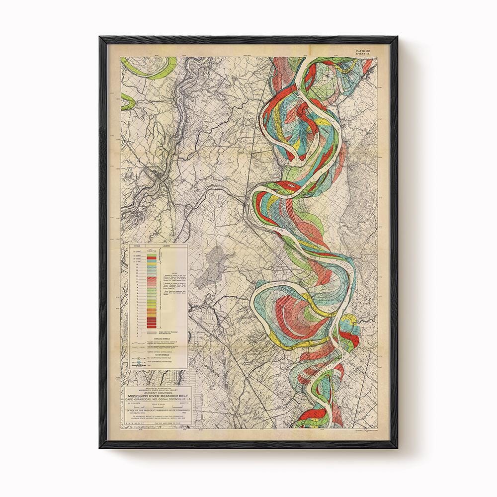 Harold Fisk Mississippi River Map Print, Donaldsonville to Baton Rouge, LA, Plate 22, Sheet 14