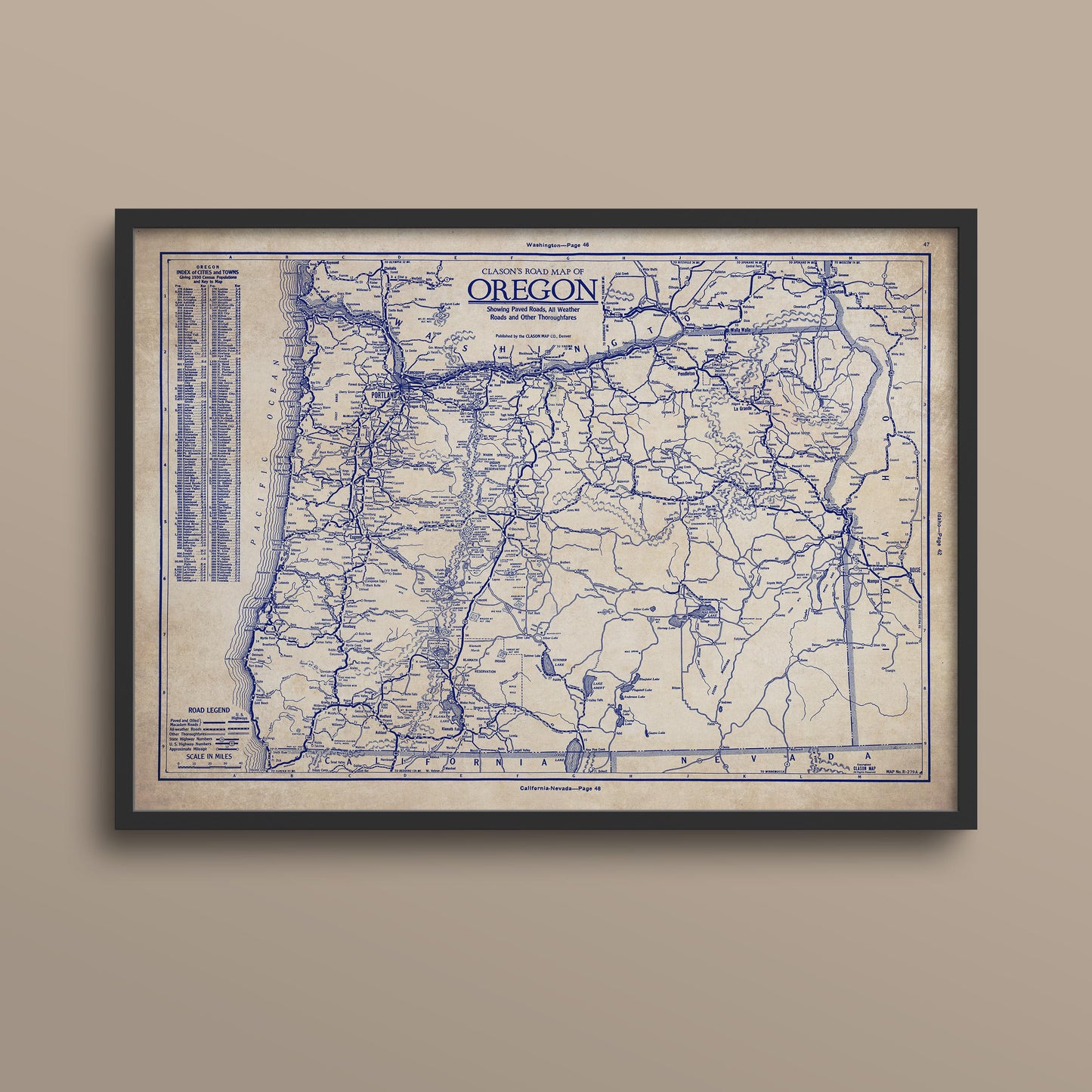 The image is a framed vintage map of Oregon, showing the state's roads and highways in a detailed and detailed manner.