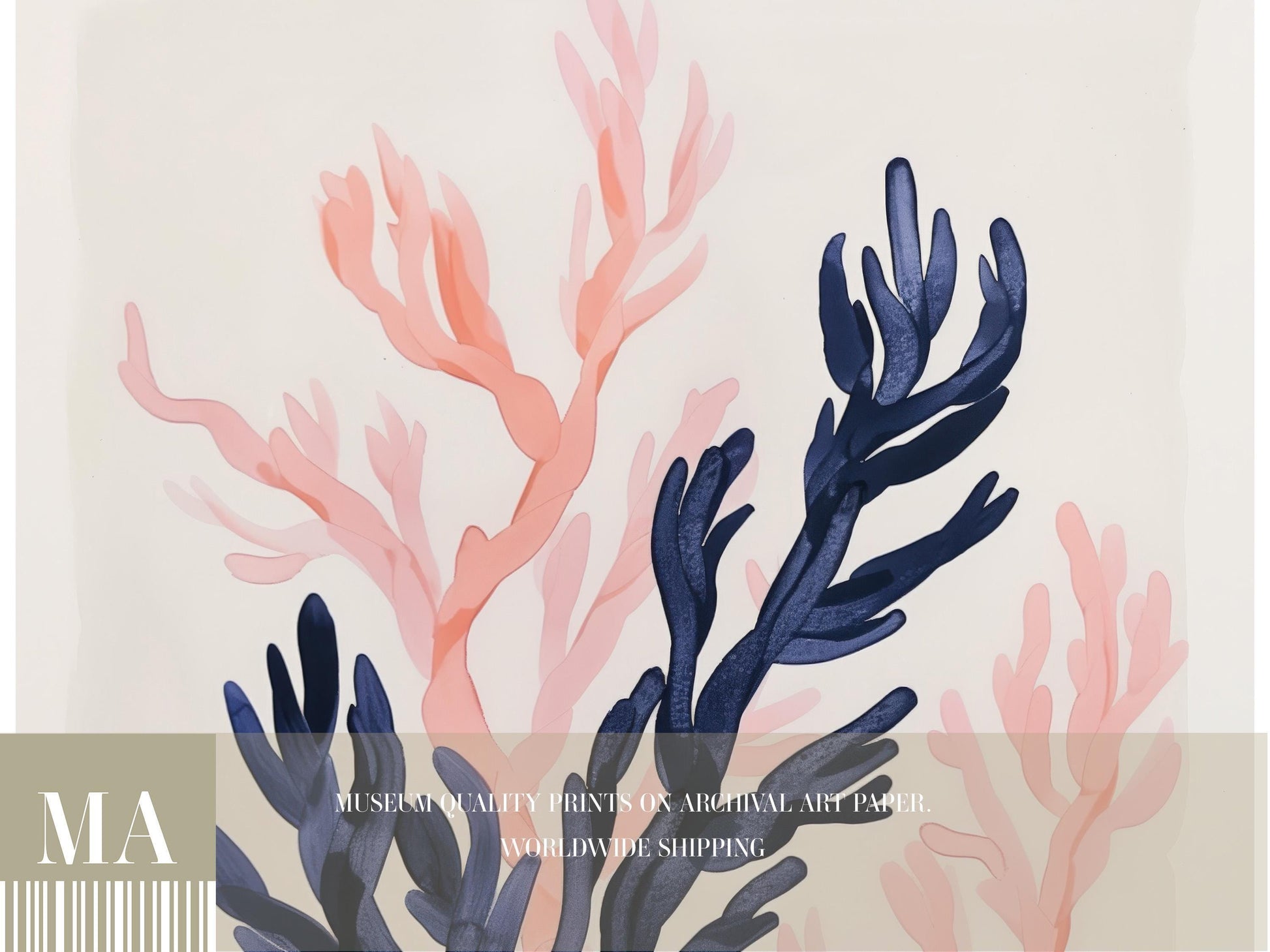 The image is a painting of a coral reef with various shades of pink and blue corals.