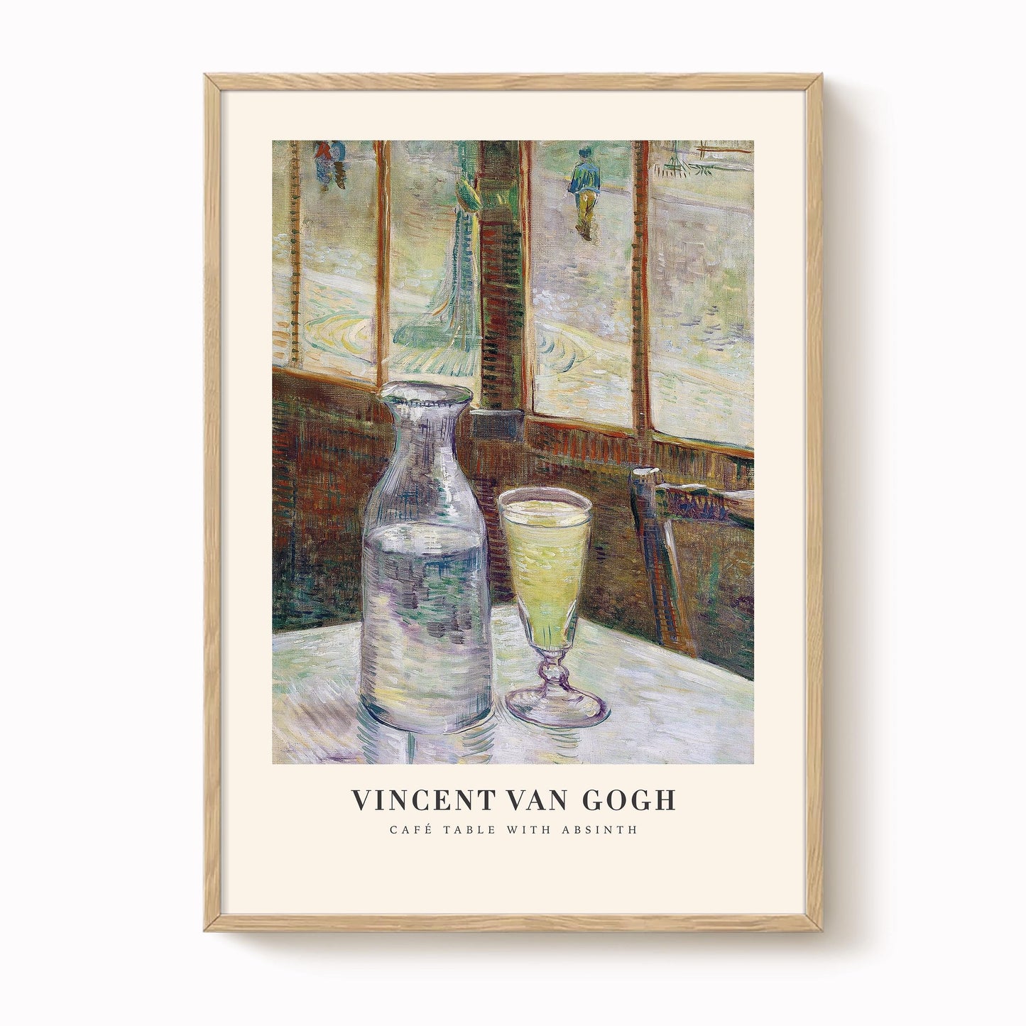 The image is a framed painting depicting a table with a glass bottle and a glass of wine, set against a window view.