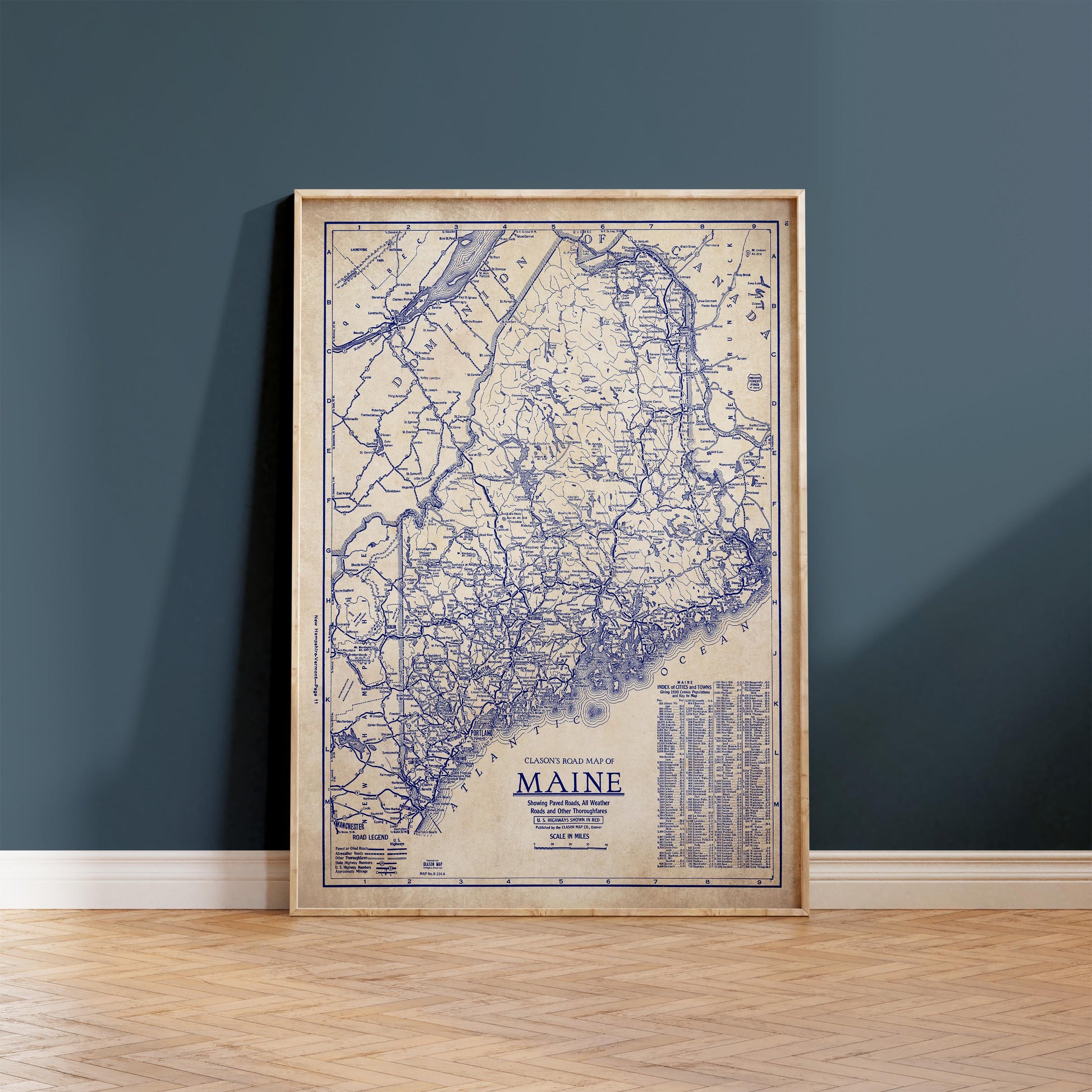 The image is a framed map of Maine, showing the state's roads and highways.