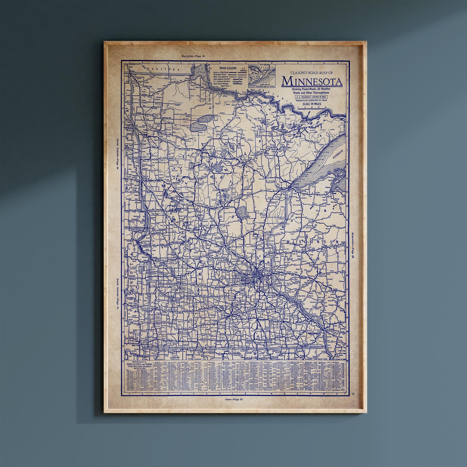 The image is a framed vintage map of Minnesota, showing the state's roads and highways in a detailed and detailed manner.