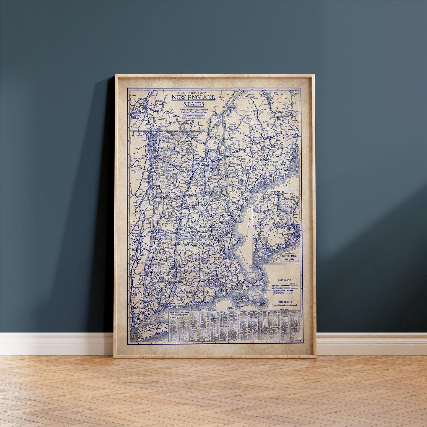The image is a framed vintage map of the New England region, including Connecticut, Rhode Island, Massachusetts, and New Hampshire.