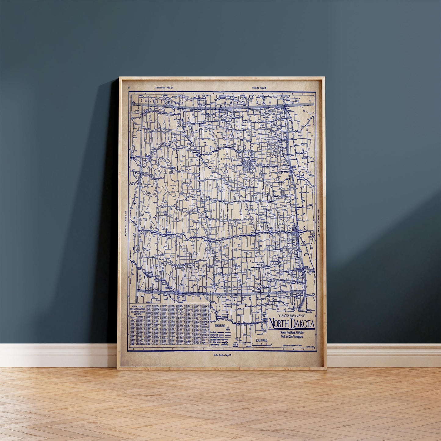 a framed map of North Dakota, with a blue and white color scheme.