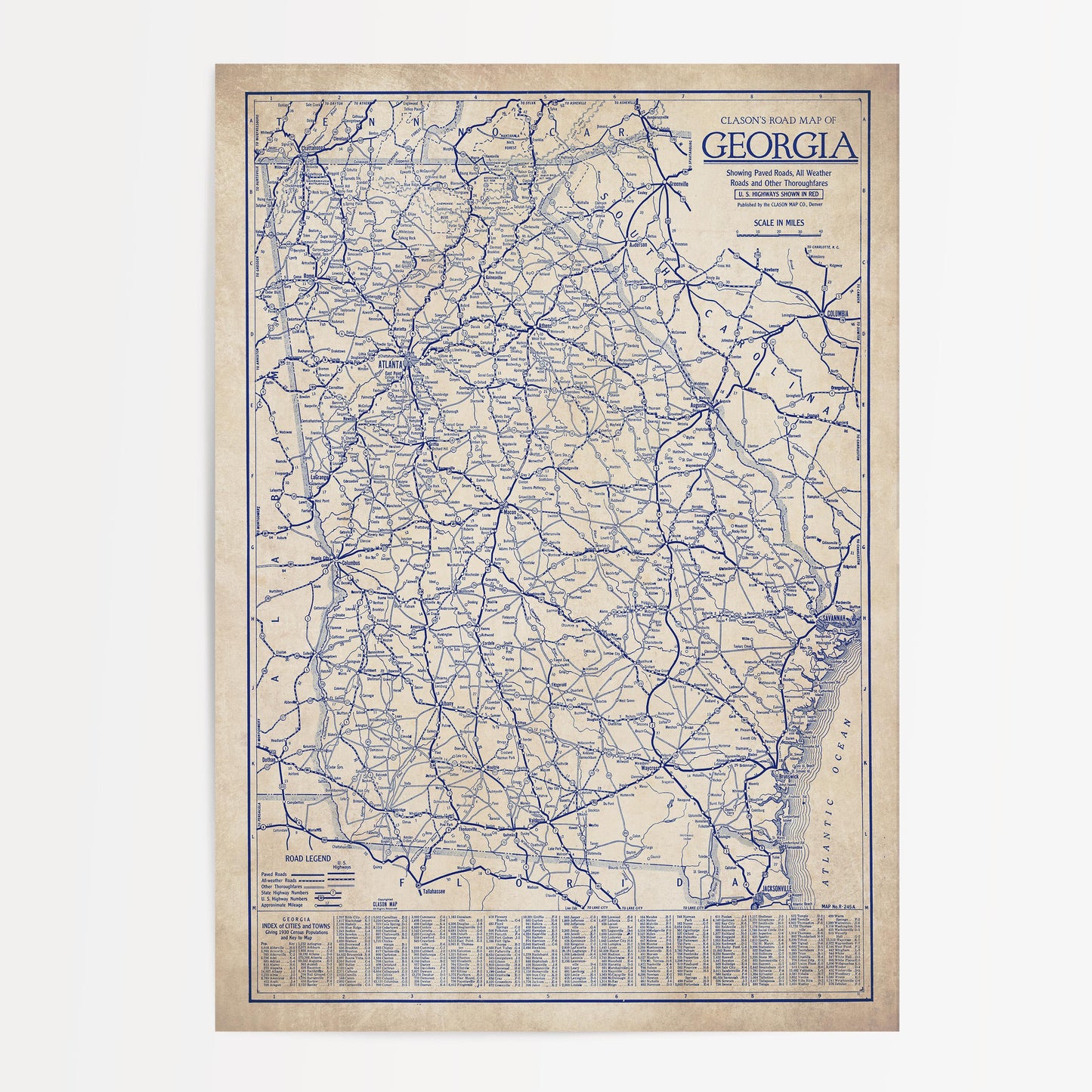 The image is a vintage road map of Georgia, showing the state's roads and highways in blue and white.