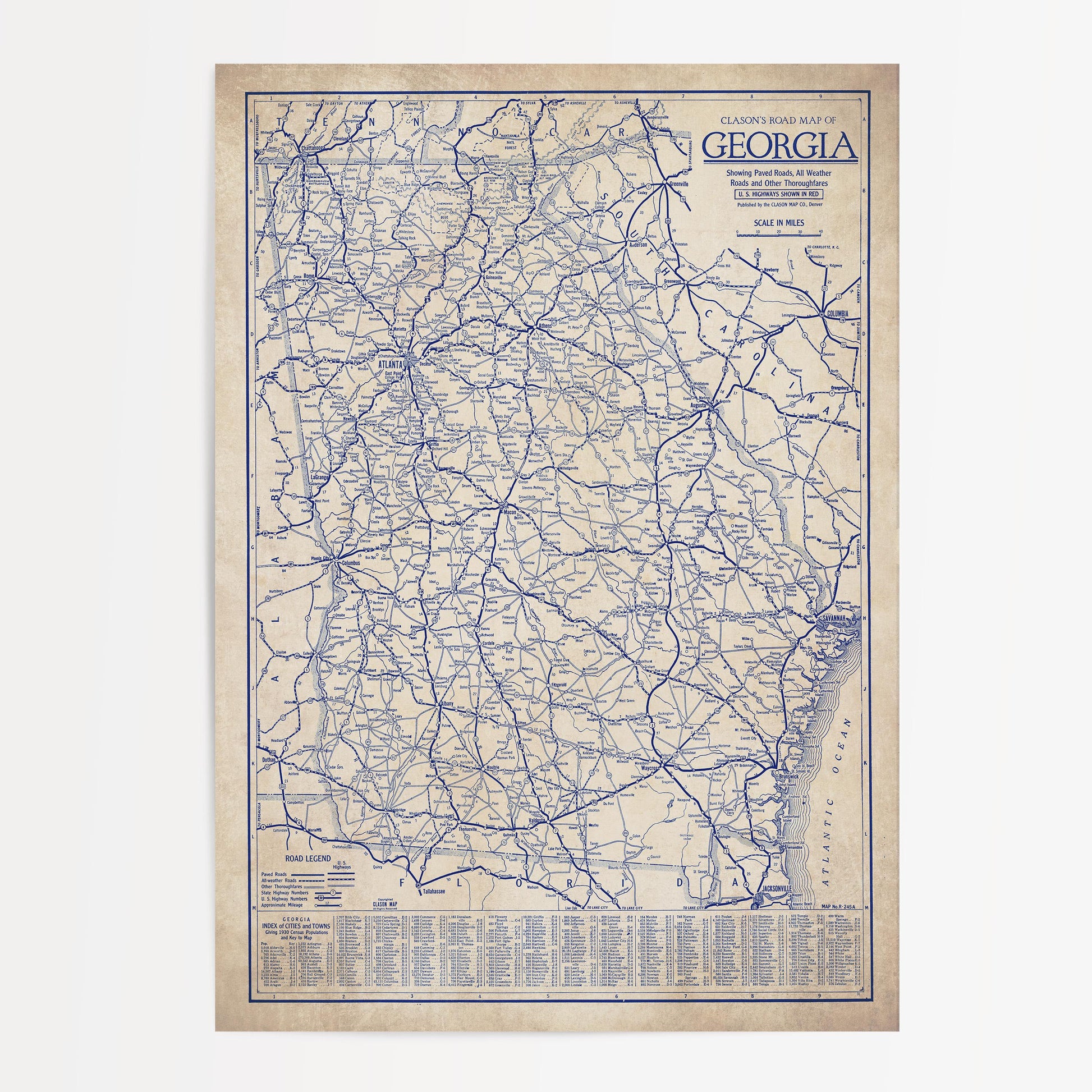 The image is a vintage road map of Georgia, showing the state's roads and highways in blue and white.