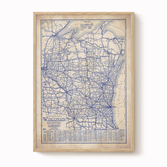 The image is a framed vintage map of Wisconsin, showing the state's roads and highways in blue.
