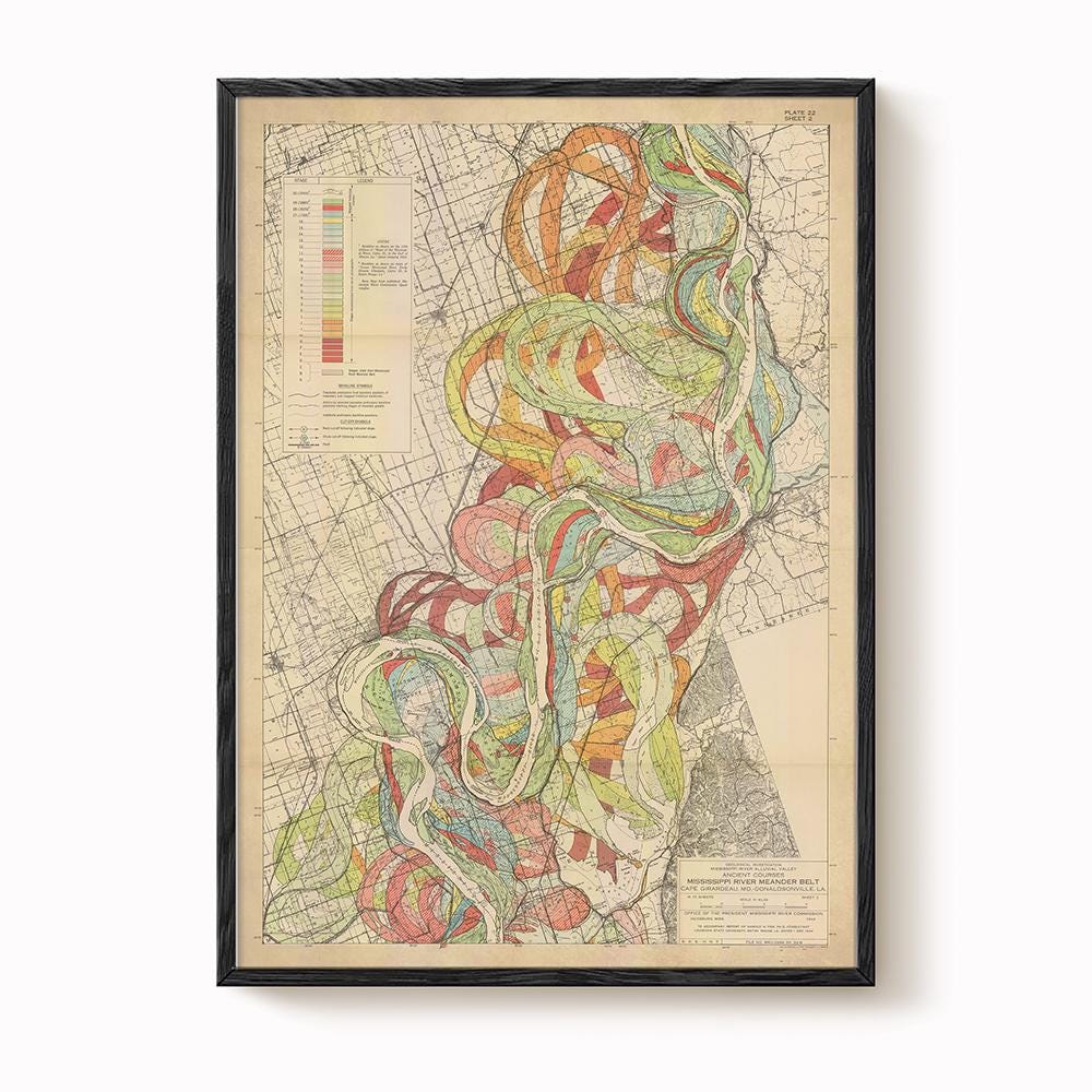 Harold Fisk Mississippi River Map Print, Commerce, MO to New Madrid, MO, Plate 22, Sheet 2