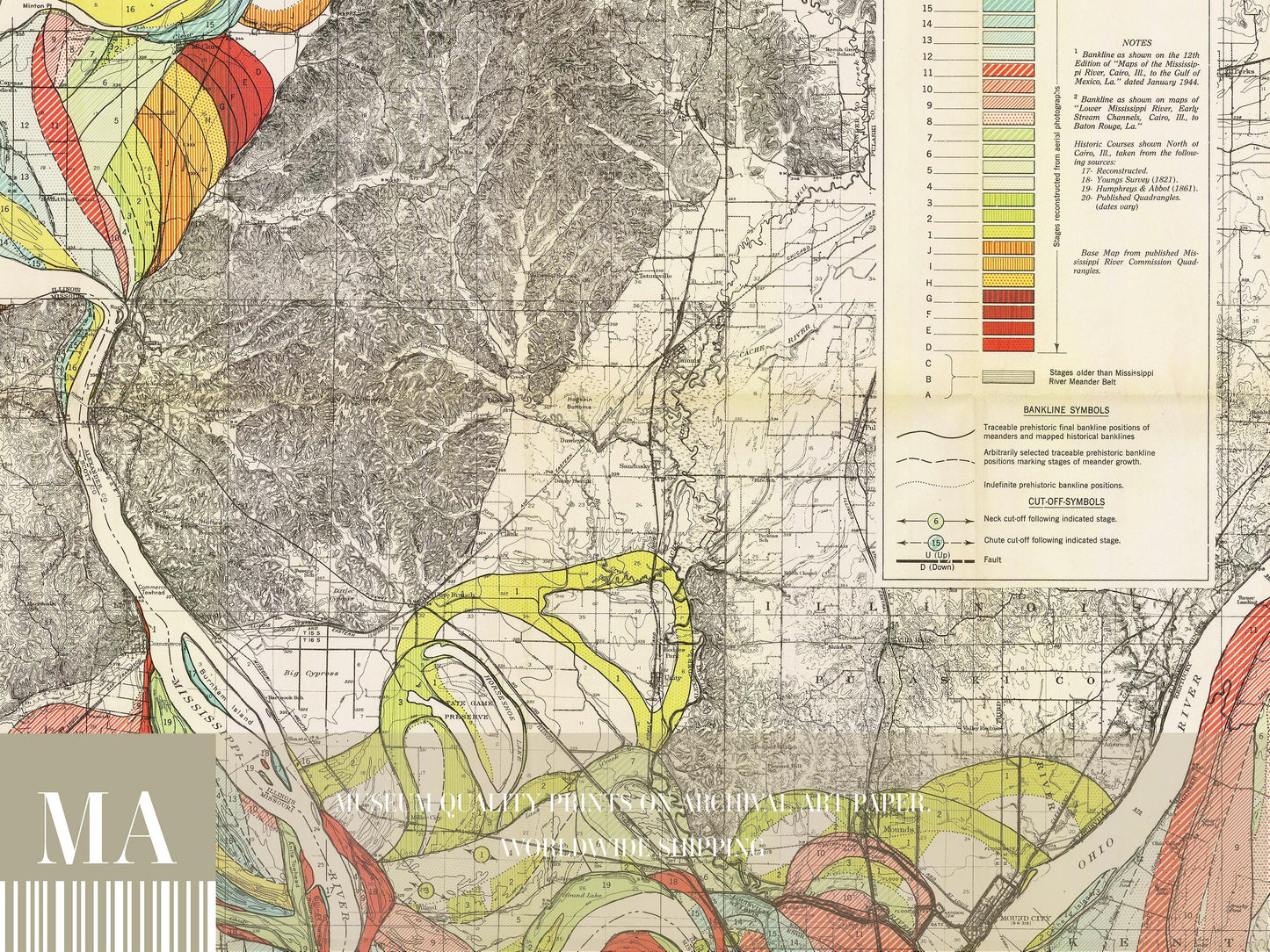 Harold Fisk Mississippi River Map Print, Cairo, IL to Commerce, MO, Plate 22, Sheet 1