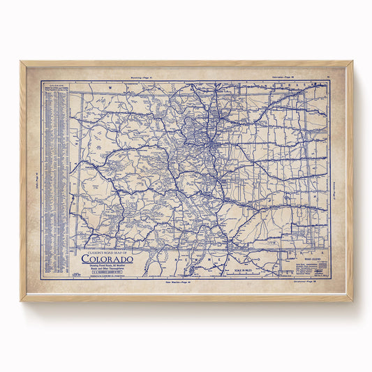 The image is a framed vintage map of Colorado, showing the state's roads and highways in a detailed and detailed manner.