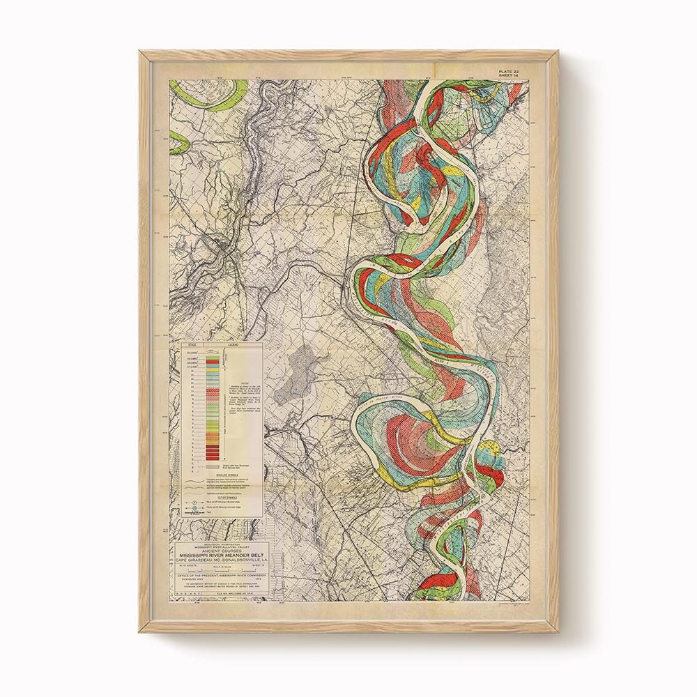Harold Fisk Mississippi River Map Print, Donaldsonville to Baton Rouge, LA, Plate 22, Sheet 14