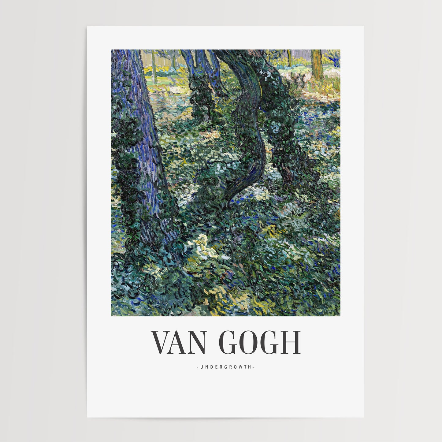 The image is a painting by the famous artist Vincent van Gogh, titled "Undergrowth". The painting depicts a lush, verdant forest scene with a variety of trees and foliage.