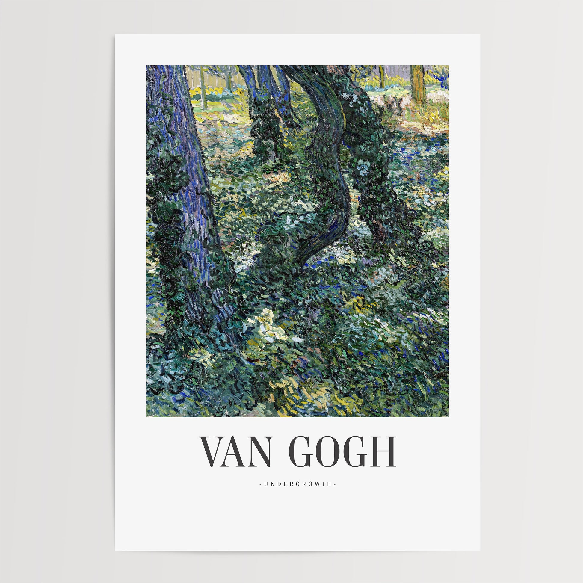 The image is a painting by the famous artist Vincent van Gogh, titled "Undergrowth". The painting depicts a lush, verdant forest scene with a variety of trees and foliage.