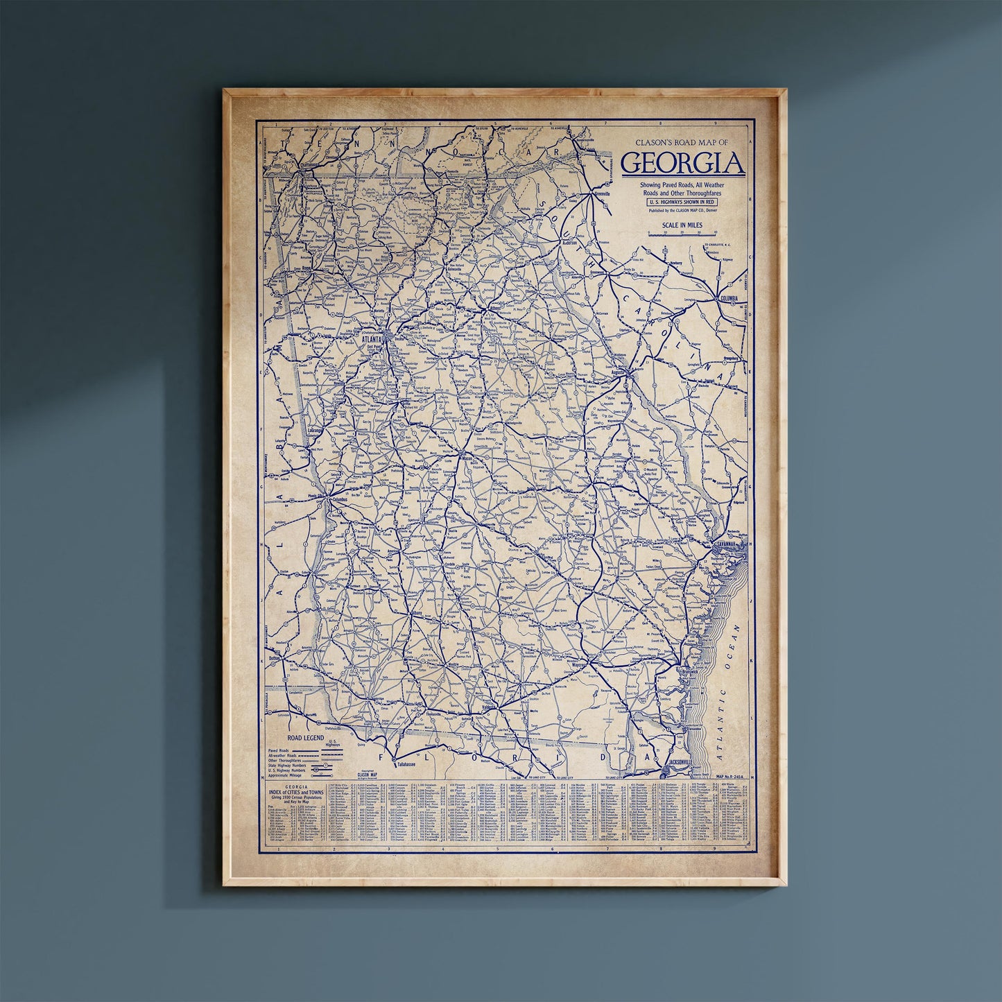 The image is a framed vintage map of Georgia, showing the state's roads and highways.