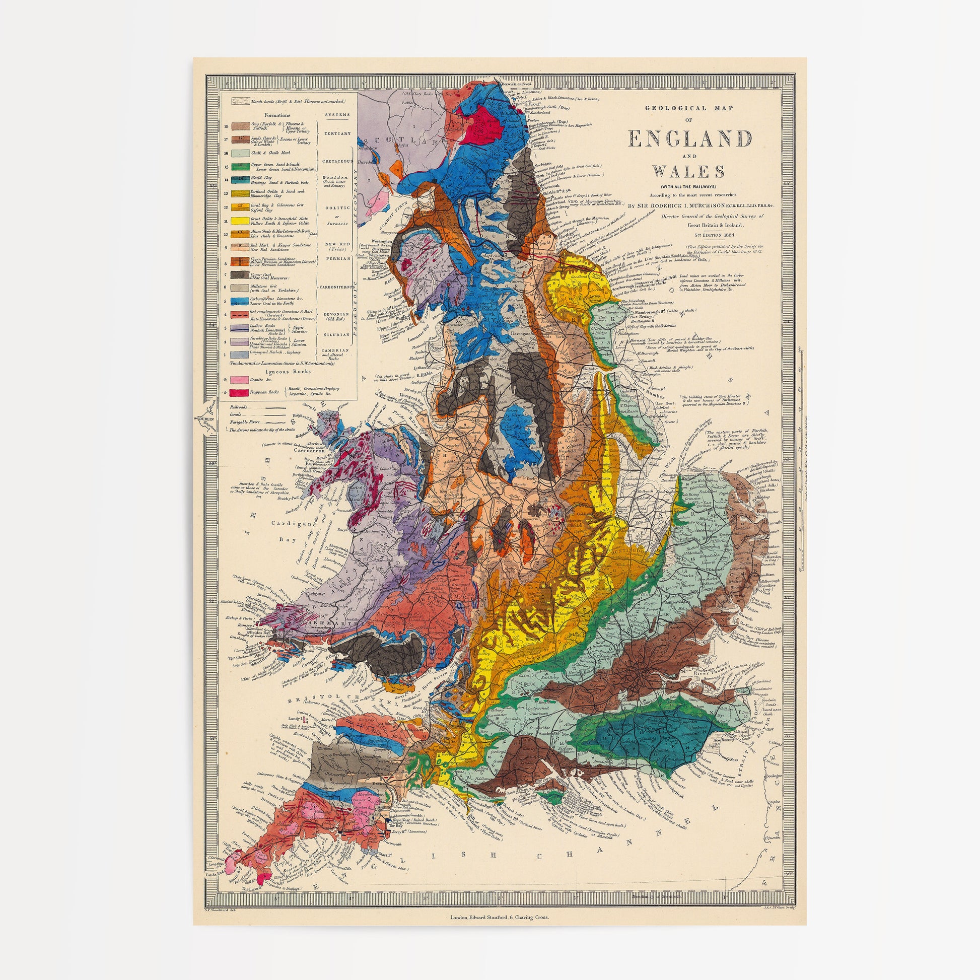 The image is a detailed geological map of England and Wales, showing the various geological features and formations in the region.