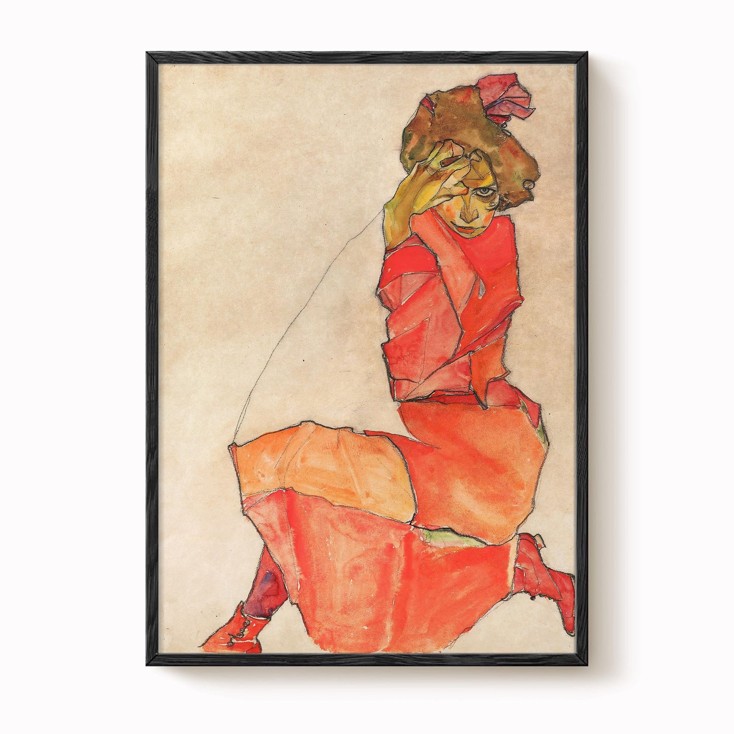 Egon Schiele - Kneeling Female in Orange-Red Dress Print