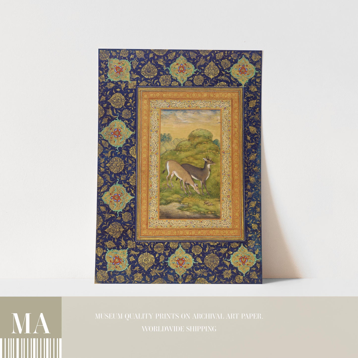 The image is a framed print of a painting depicting a deer in a natural setting, with a decorative border and floral patterns.