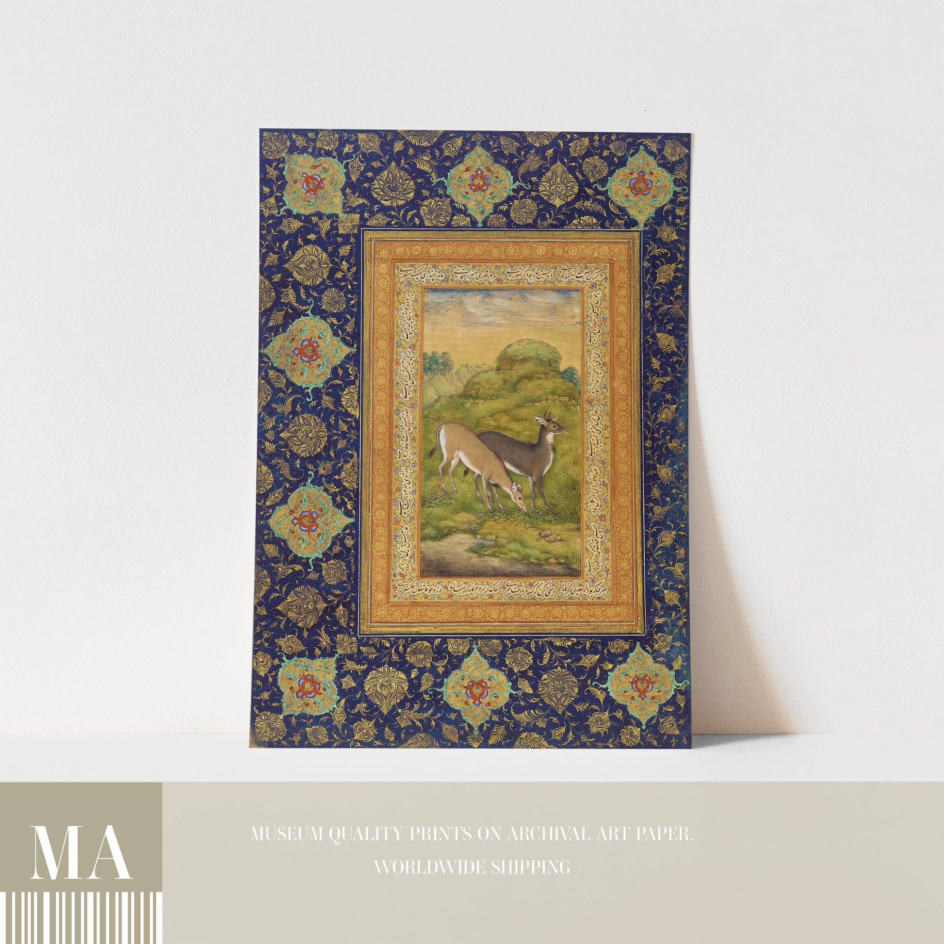 The image is a framed print of a painting depicting a deer in a natural setting, with a decorative border and floral patterns.