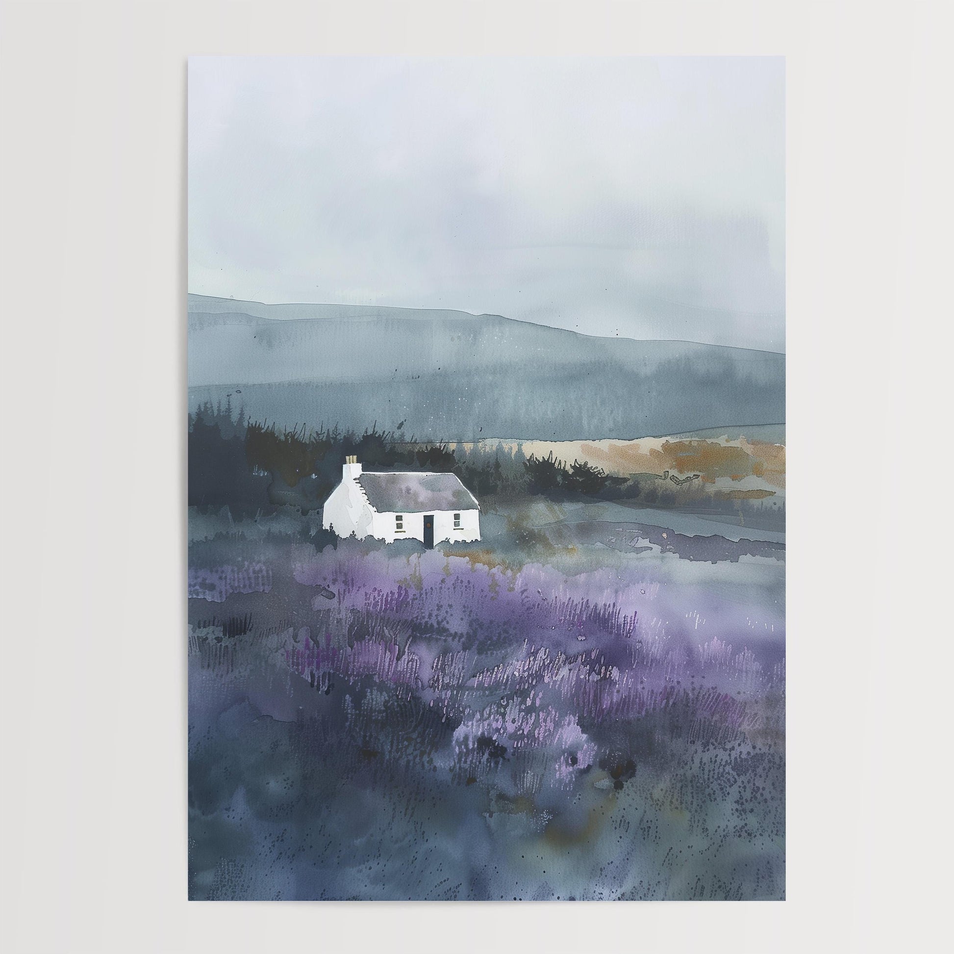 A white cottage is situated in a field of purple flowers, with a hazy, misty background.